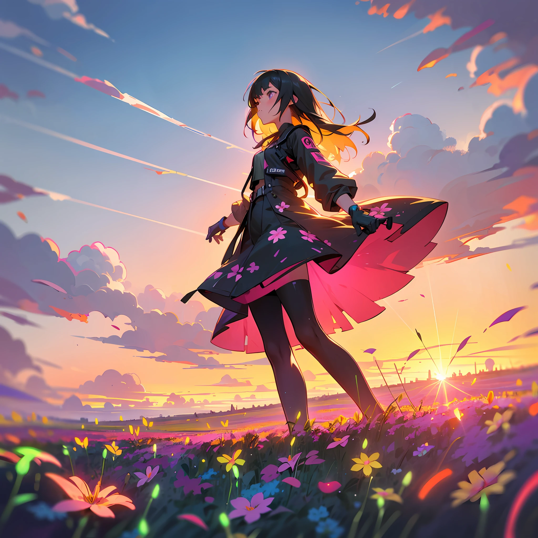 girl in field, (((field of neon flowers))), mid shot, portrait, clouds, sunrise
