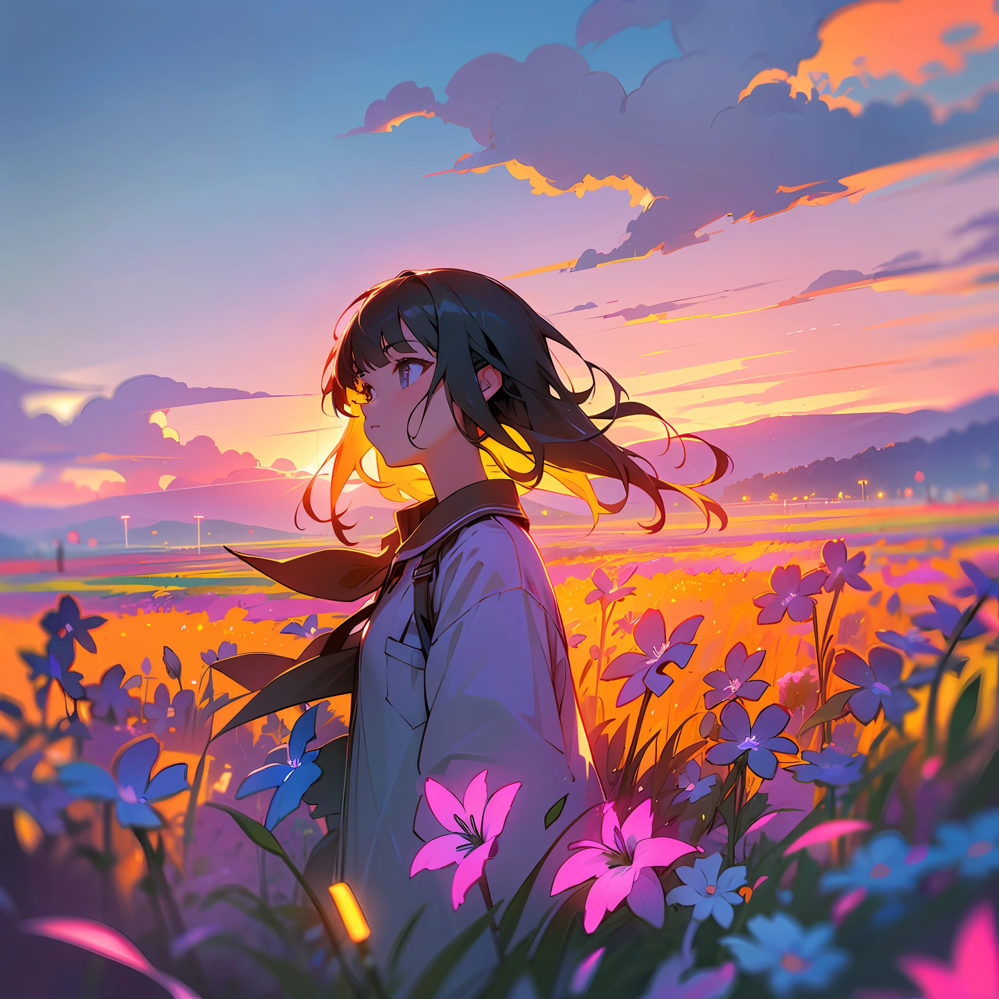 girl in field, (((field of neon flowers))), mid shot, portrait, clouds, sunrise