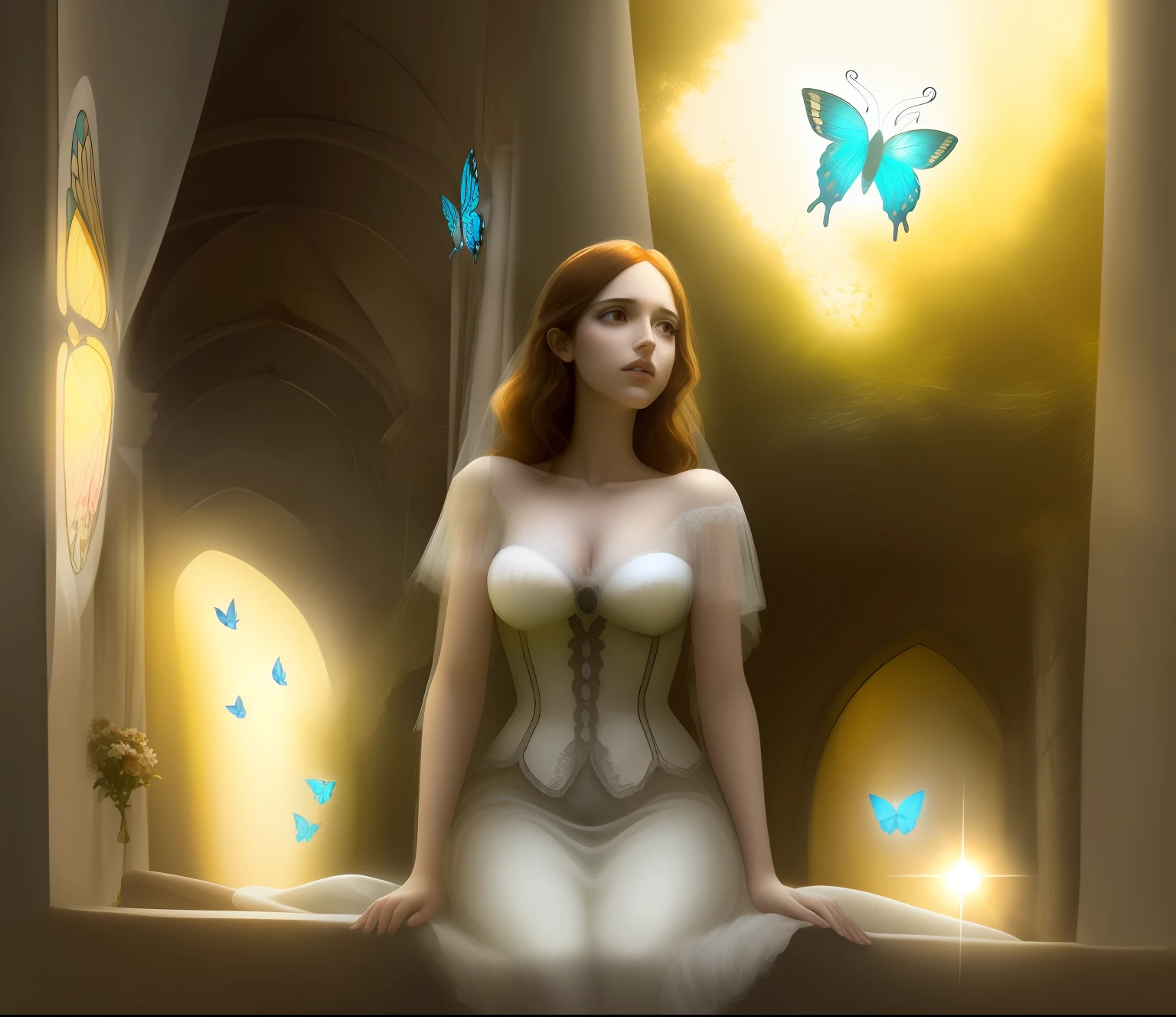 Bella escena luz volumetrica, a contra luz, mariposas revoloteando