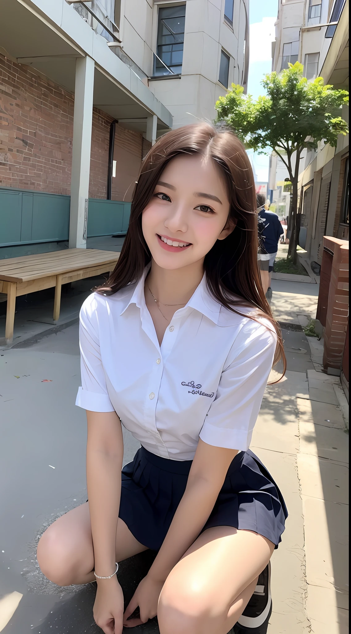 Very detailed 8k wallpaper)、foco nítido、in detail、Drama、Delicate and beautiful schoolgirl、sixteen years old、Sheer white shirt、Quite short skirt、ligh brown hair、hair adornments、Beautiful and sexy、A smile、独奏、Beautiful graphics、Bright school building、Full of students、crouching down、