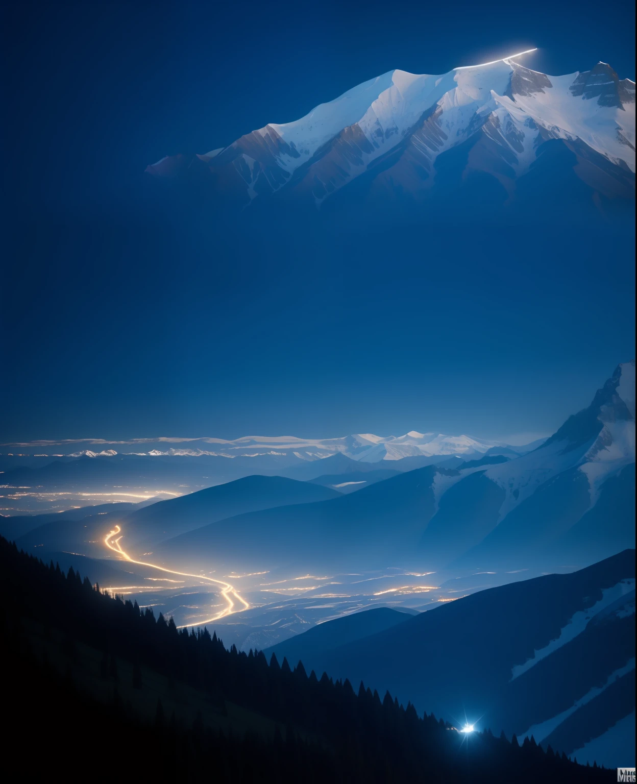 mountains with a city illuminated at night in the distance, Distante montanhas luzes foto, panoramic view at night, Noite, breath-taking, Mount Elbrus at night, paisagem lindamente iluminada, fotografia da hora azul, blue hour lighting, Alpes, fotografia tirada na hora azul, Night scenery, montanha, Directed by: Matthias Weischer, Alpes, breath taking beautiful, Montanhas