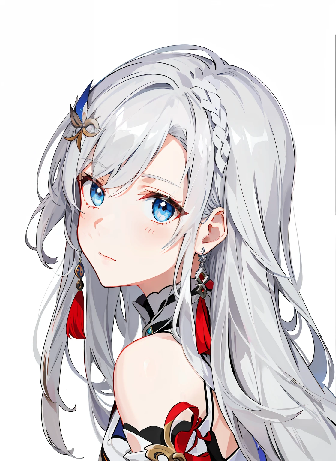 gray-haired girl,Silver-haired girl,Long-haired anime girl,Blue-eyed girl,Red and black dress,White-haired god girl,Silver-haired,Flowing white hair,Genshin Impact,Portrait of a knight,white haired Cangcang,Zodiac girls,Perfect white haired girl。