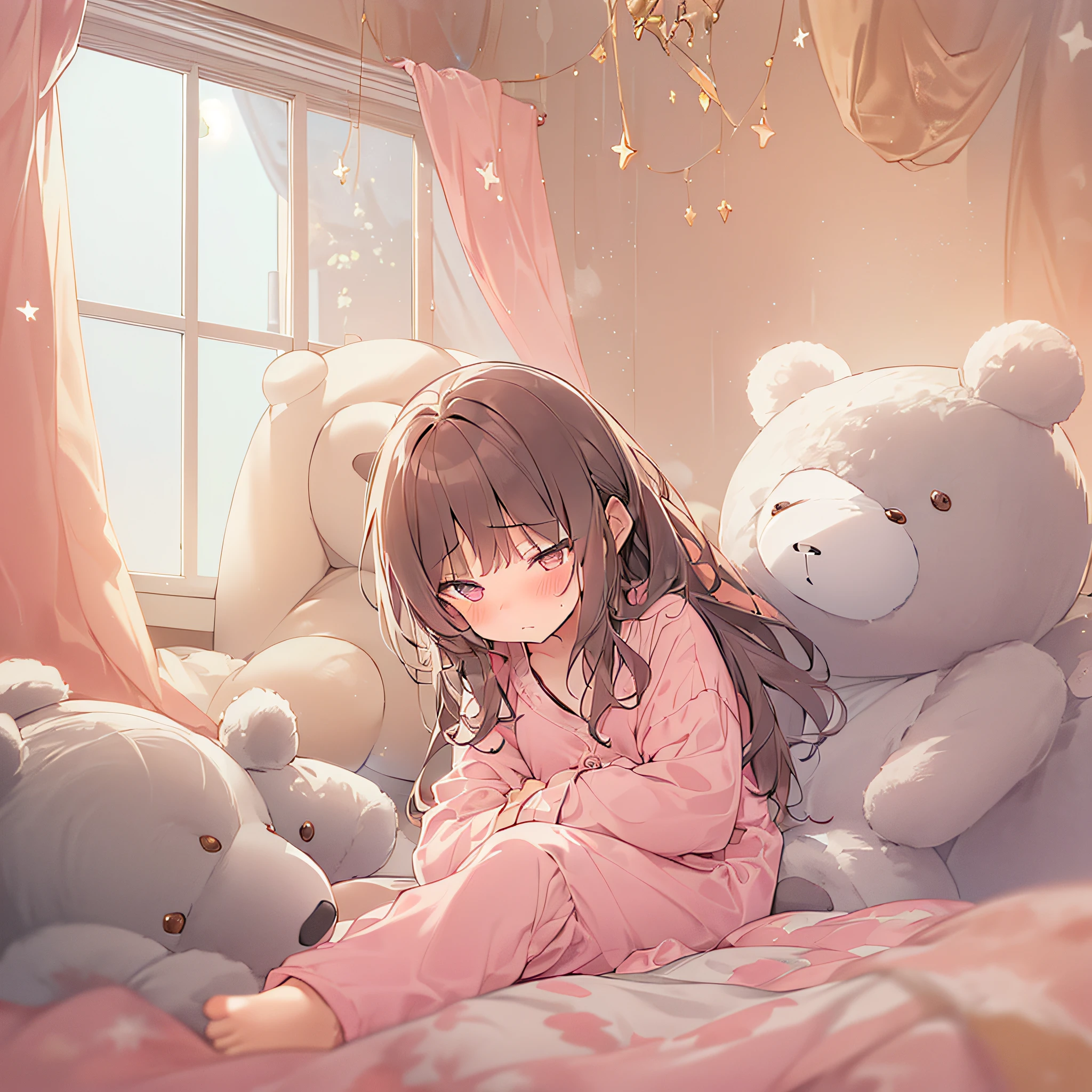 (NSFW:1.2),(tiny girl:1.5), 独奏, full body Esbian, sitting on, dynamic ungle, white hair, flat-chest, frilld, 3 age old, brown haired, length hair, (natta), starrysky, murky, sleepy, I want to sleep,, Keep a teddy bear, covered breast,full of shyness, red blush,Young girl in pink pajamas with big stuffed animal, With a shy look, In the bedroom setting、 The composition should exude a blend of sensuality and innocence、 The background should be visually appealing、Angle from diagonally down、Movmov、starrysky