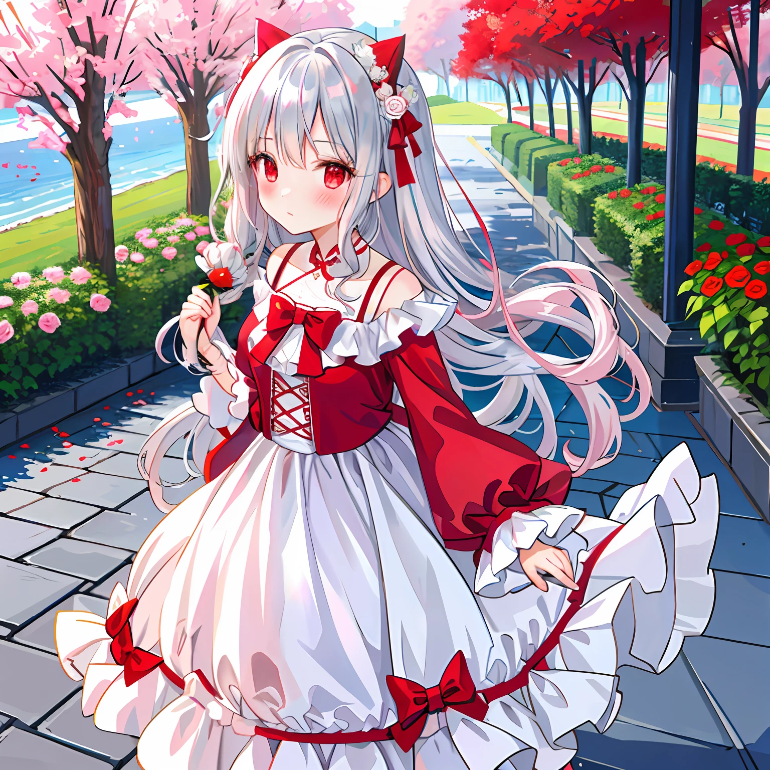 red blush、wavy silver hair、red eyes、Beautiful girl alone、animesque、独奏、lonely、Light blue dress、White Rose Garden