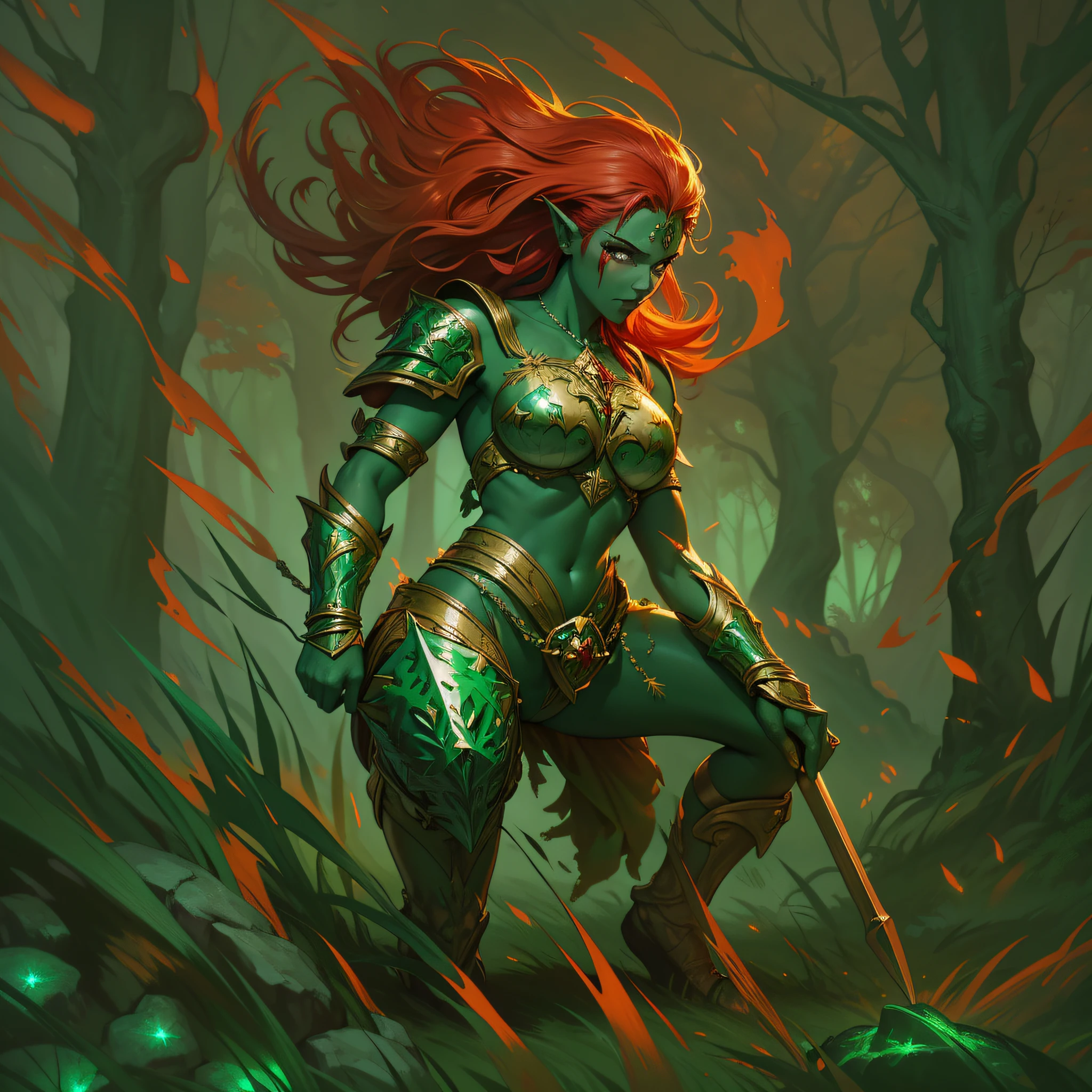 primer plano cuerpo, Fantasyart, Un Orco hembra sosteniendo un baston de madera armadura de metal de anillas, ((((Piel verde brillante)))), Pelo rojo corto, Fondo sol rojo en un campo de batalla, arte vectorial simple