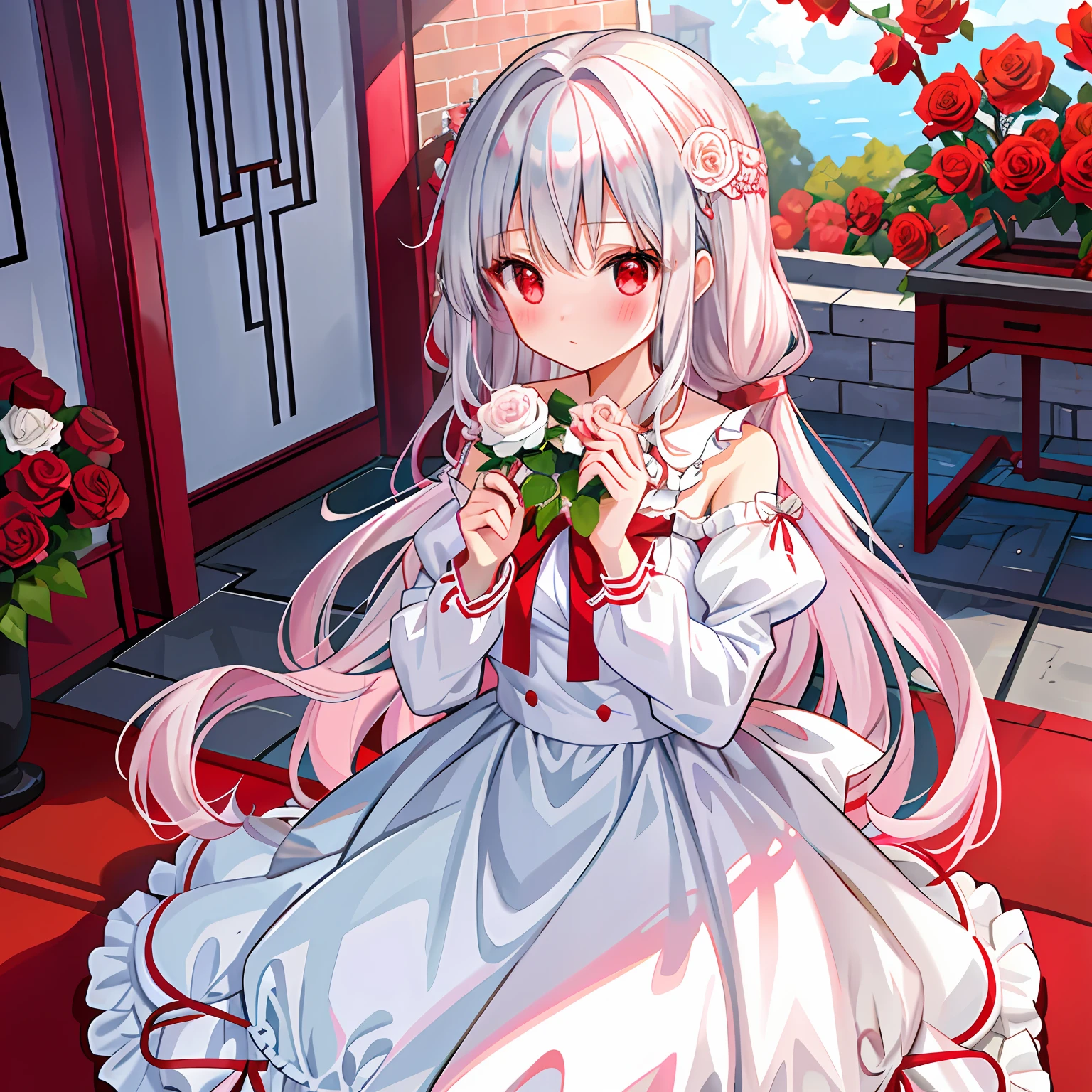 red blush、wavy silver hair、red eyes、Beautiful girl alone、animesque、独奏、lonely、Light blue dress、White Rose Garden