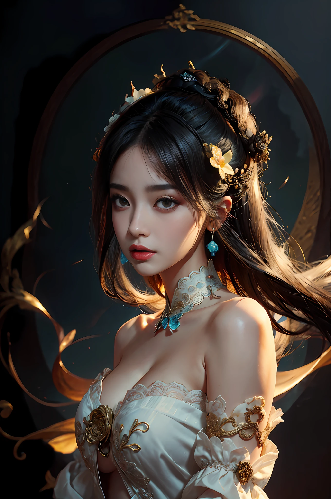 Zhong Fenghua, 1girll, (full bodyesbian) 独奏, Hanfu, flower field, blossom flower, (Black smoke:1.4) (realisticlying:1.5), datura, entangled, offcial art, Unity 8k壁纸, ultra - detailed, Beautiful and beautiful, tmasterpiece,best qualtiy, (dynamic angle:1.4), (Realistic:1.5),(Real human photos;1.5),(Bigboobs:1.5),(Liuhai hairstyle:1.5)(Shoulders exposed:1.5),Glowing skin, (Floating colorful flashes:1),The most beautiful forms of chaos,(ellegance:1.2),Fauvistdesign,vivd colour,Romanticism Depth of Field,