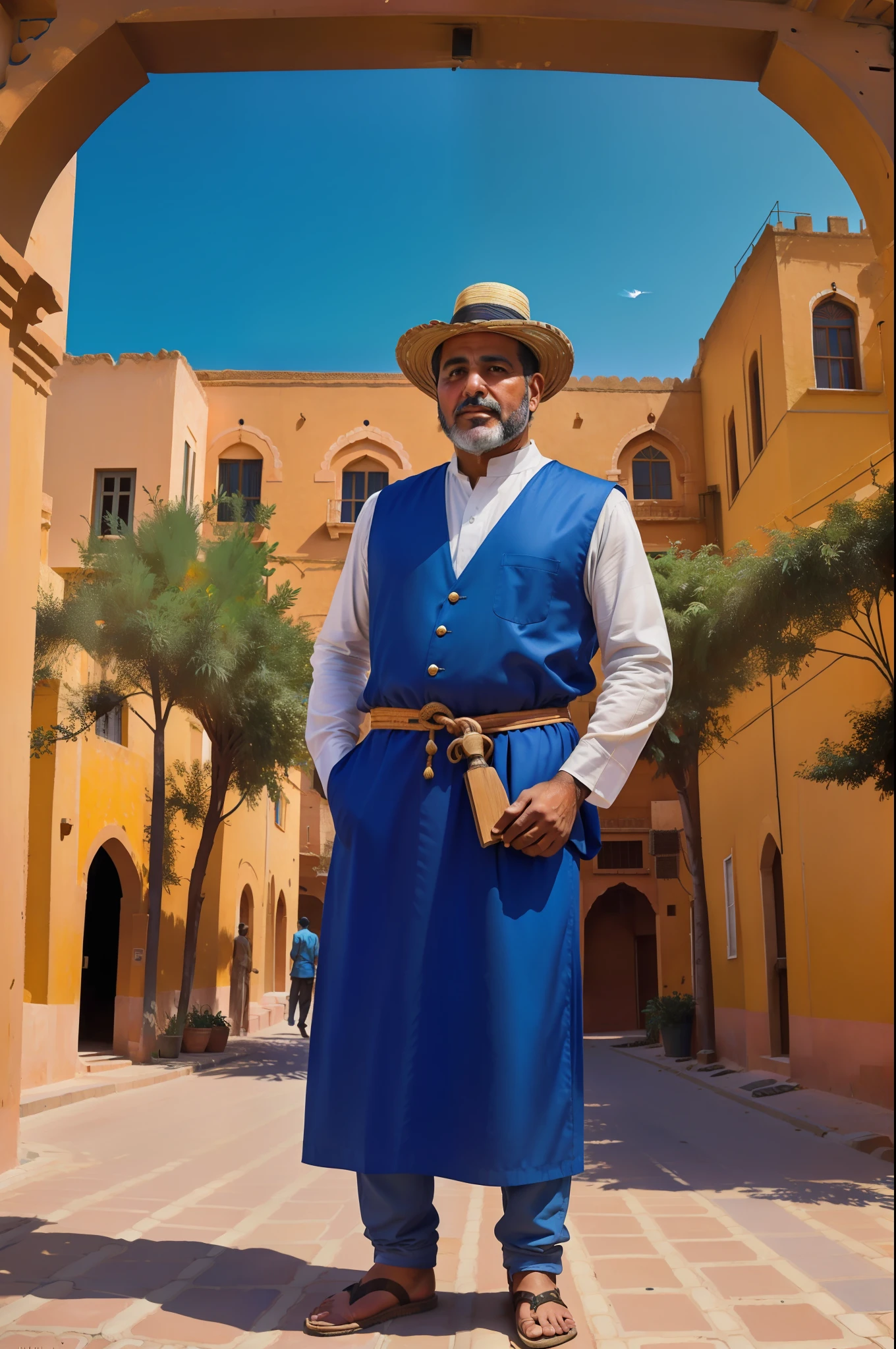 "Under the clear blue skies of Marrakech, an Arabic man craftman poses in a bustling street full of craftsmen. The photorealistic image captures the essence of his cultural heritage, with his black hair  and a well-groomed small beard. He stands tall, wearing a traditional Moroccan Djellaba. The street behind him is a lively scene, with craftsmen showcasing their artistry and colorful wares. The camera captures a full-body shot with a medium telephoto lens, emphasizing the man's charismatic presence and the vibrant surroundings. The lighting is bright and natural, illuminating every detail of the Djellaba's intricate embroidery and the hustle and bustle of the street. The resolution should be 8K to ensure every element of the scene is rendered with lifelike precision."