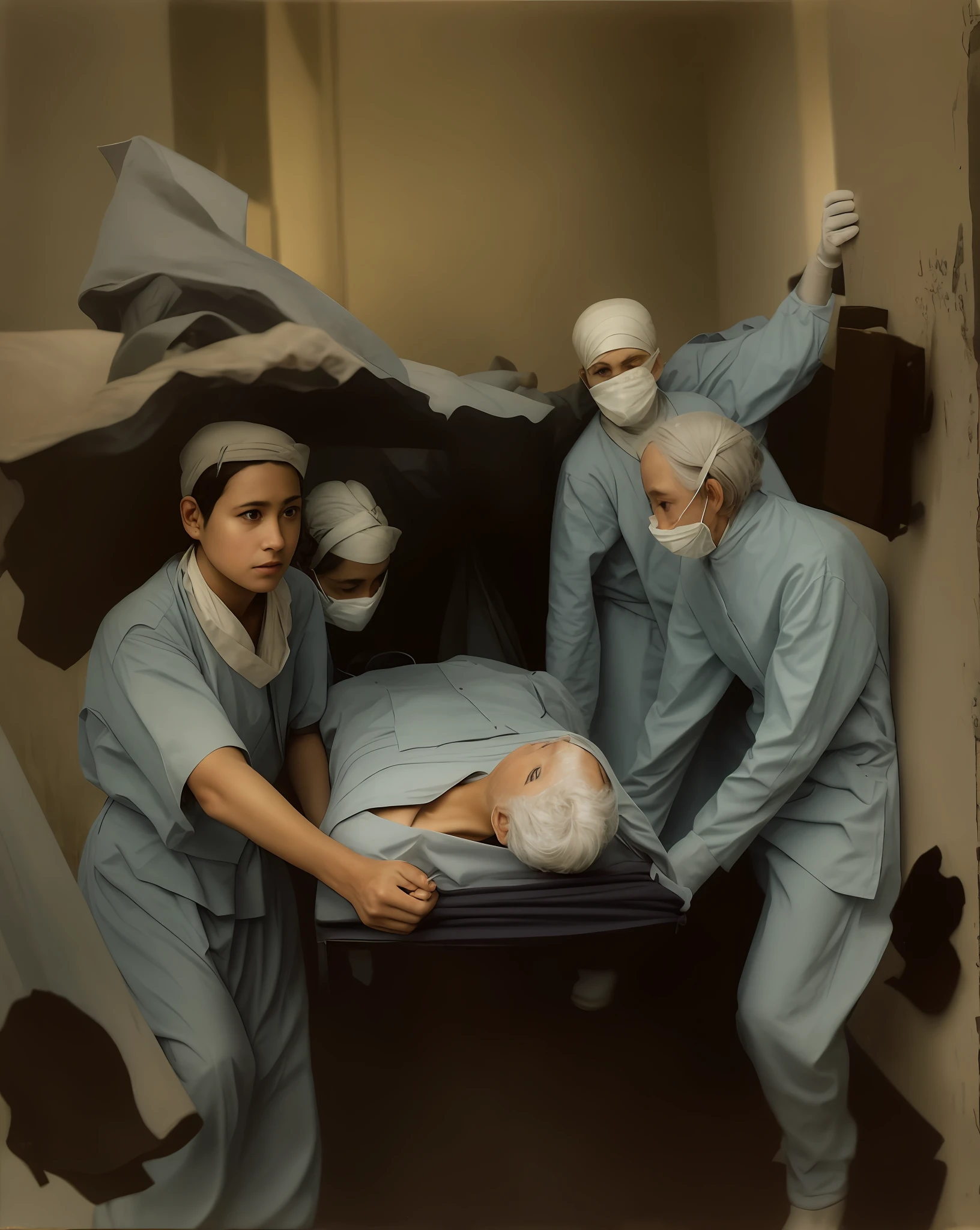 photorealestic,photore,Four doctors carry stretchers,Mono Color,brownish colors,foto antiga,Content refinement,real photograph,chromatically,Recover photos,photorealestic,k hd,coloured photo,Details are clearly visible,The content is delicate,The expressions of the characters are clearly visible, shadowing,, stereograms, tachi-e, angle of view, Atmospheric perspective, 8K, Super detail, Best quality,The colors are real,real photograph,The content remains the same,The dynamics are more natural,and harmonious,The faces of the characters are more realistic and delicate,Oil painting texture,Get close to realistic photos,k hd