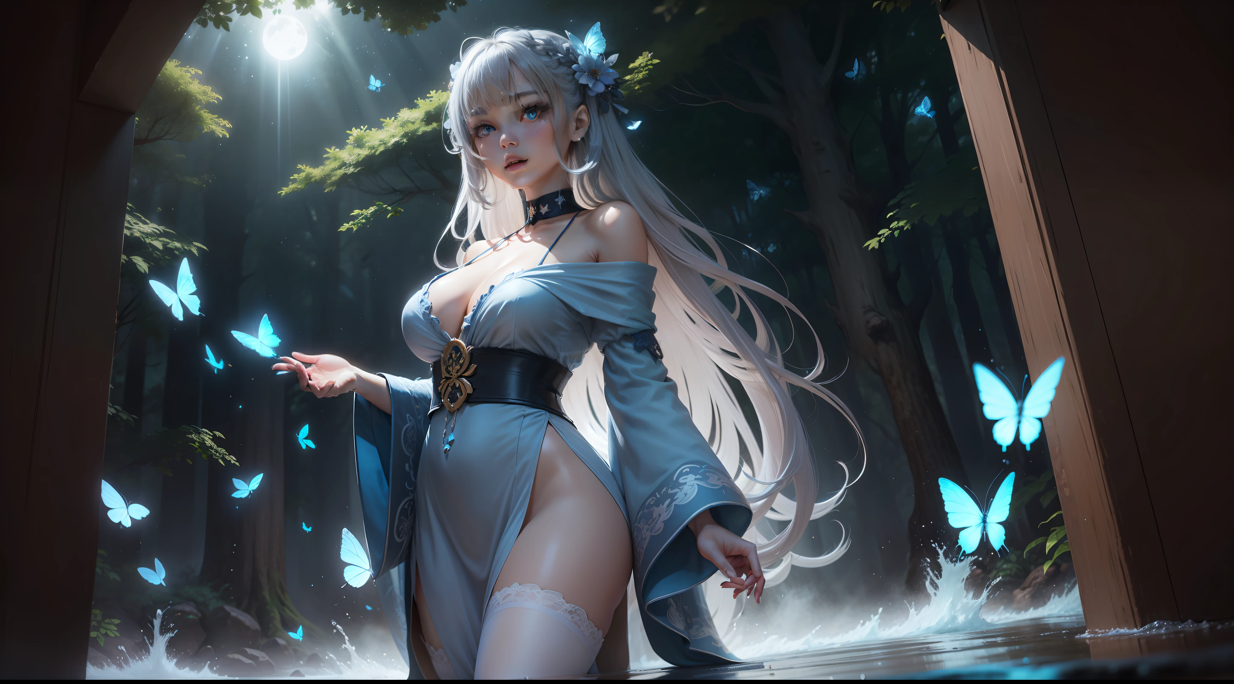 Night，The moonlight shines on the woman in the bath towel，The whole person was glowing with moonlight，The side face is reflected in the moonlight，It is very beautiful，(Overlooking the perspective),dynamic angle,magicle world，Super meticulous,illustratio,closeup cleavage,Looking directly at,Kizi,(fanciful:1.4),(Blue eyes:1.233),Her eyes shone like dreamy stars,(glowing light eyes:1.233) ,(美丽细致的眼睛:1.1),(silber hair:1.14),(messy  hair,Very long hair,french braid,Hair between both eyes,Lateral hair),(+(Gray hair flower:1.14)),(Chiffon dress,Off-the-shoulder attire，Expose the collarbone，Uniform white flower pattern)/=(army suit:1.24),(Wide sleeves),(Fingerless gloves),choker necklace,(miko thighhighs),high heels boots,(Frightened expressions),(standing on your feet), (big trees，In the forest，Shadows interlace, All kinds of beasts, ),(flor branca,full bloom),(flowingwater),(Dark Blue World Tree:1.14),(废墟),(natta:1.2 ),Dreamy,soul,(Fluorescence),(Flying translucent blue butterfly:1.15),[[Delicate fingers and hands:0.55]::0.85],(Finger details),(yubao:0.5),3D，full bodyesbian，the detail，Background bokeh，high qulity，high detal，deep v big breasts，huge tit，flat lay，Expose cleavage，Large trees interlace，full bodyesbian，Hanfu，solo person
