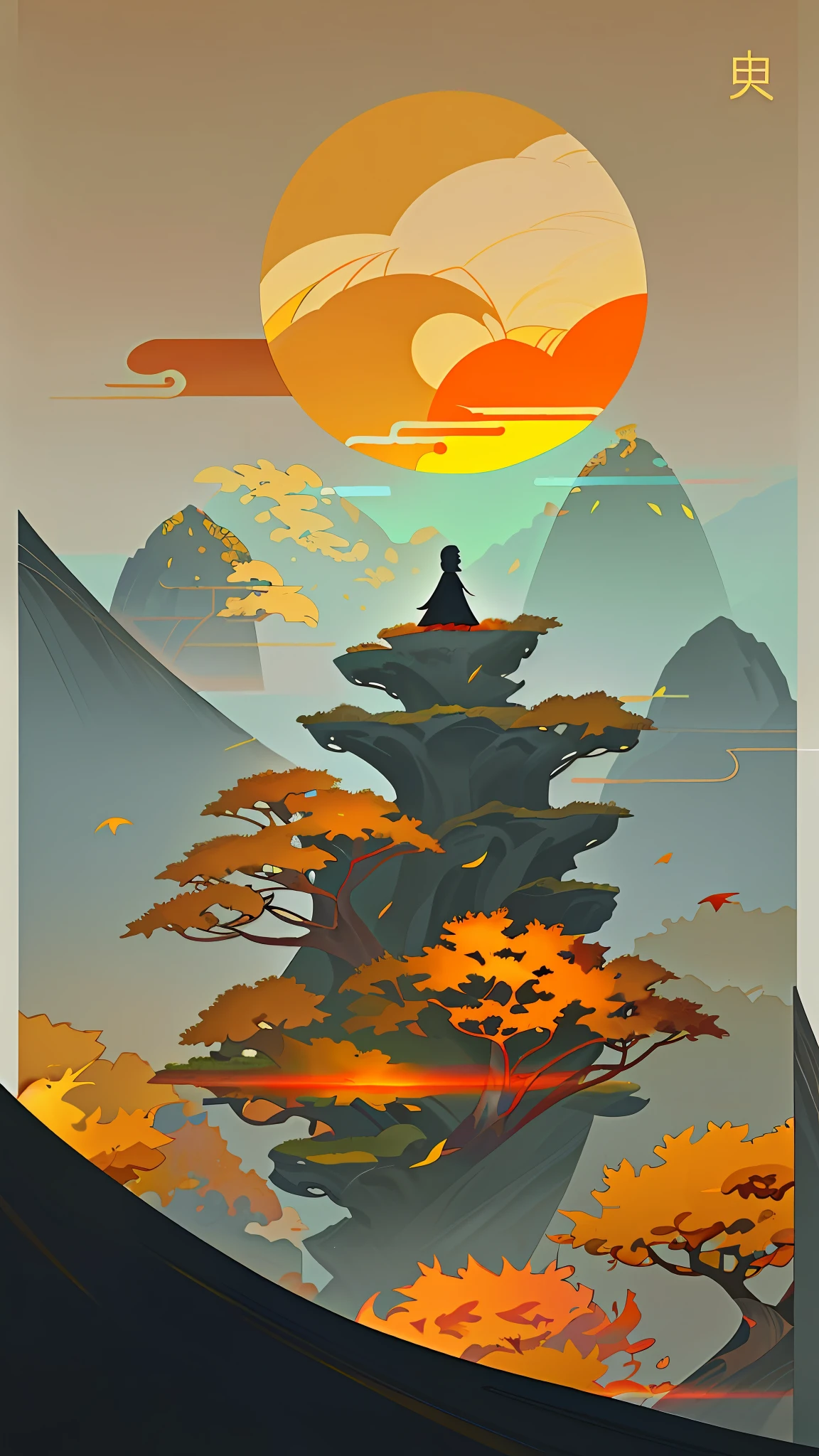 (Chinese landscape), (Zen, Amy Sol style), (Autumn, autumn leaves, fallen leaves, sunset, architecture), cover art with light abstraction, abstract, simple vector art, contemporary Chinese art, color gradients, soft color palettes, layered forms, whimsical animation, style Ethereal abstract, 4K, --v6
