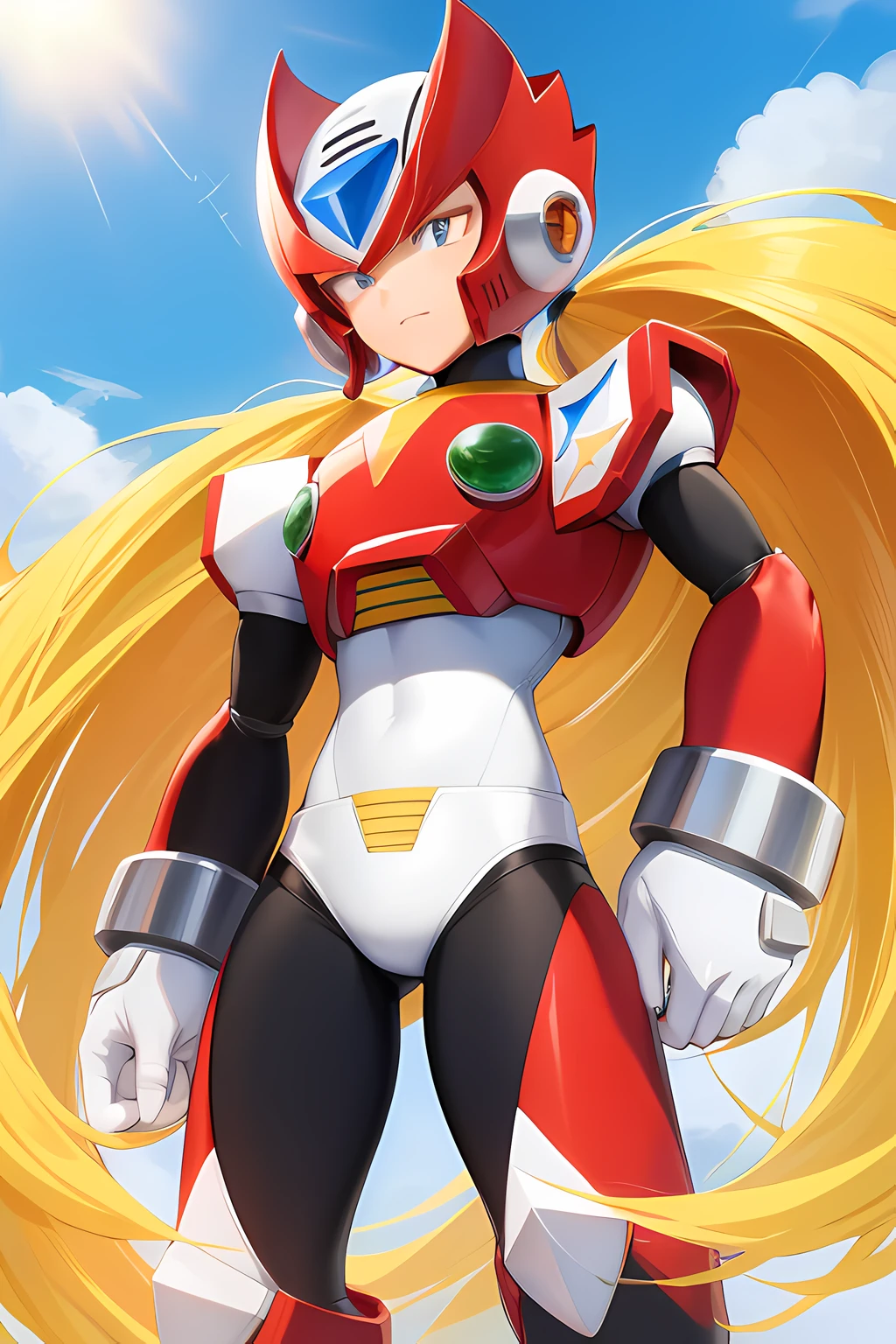 zero_Megamanx, , sozinho, gorota bonita, olhos azuis, blonde hair, rabo-de-cavalo, peitos bem grandes, cabelos muito longos, cabelos longos, capacete, android, Foco feminino, furioso, master part, alta qualidade,