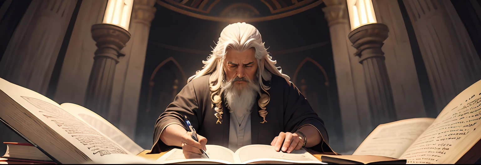 Create an illustration that depicts the biblical character Ezekiel and his story. The image should show Ezekiel as an imposing looking prophet, wearing traditional clothing from the biblical period. Ele deve estar em frente a um vale de ossos secos, representing the prophetic vision of God restoring life to the dead. Ao redor de Ezequiel, include elements that symbolize the visions and metaphors found in the book of Ezekiel, como rodas em chamas, querubins ou um carregador de tijolos, symbolizing the construction of the new temple. The image may also show Ezekiel writing his visions on a scroll or proclaiming God's word to a group of people, representing his prophetic mission to warn and awaken the people of Israel to repentance. The image should portray the message of hope, restoration and renewal that Ezekiel brought through his visions and prophetic words.