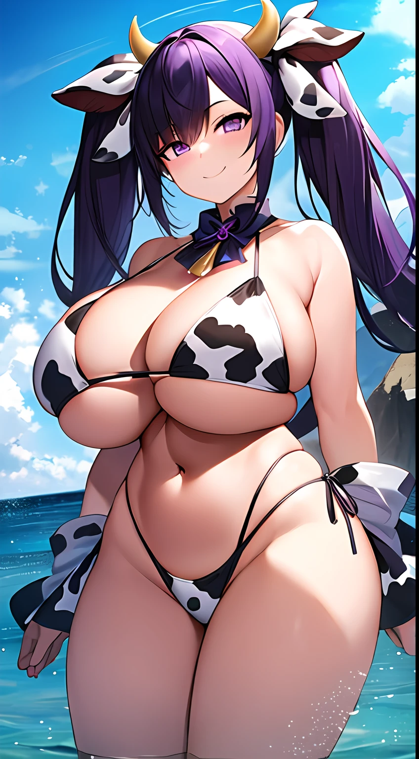(masutepiece:1.0),(1girl in),(Massive),(huge breasted),(Twintail),(cow paint:1.1),(bikini),(sea),(stand),(Smile),(purple black hair),(Purple eyes),(From below),(Thigh)