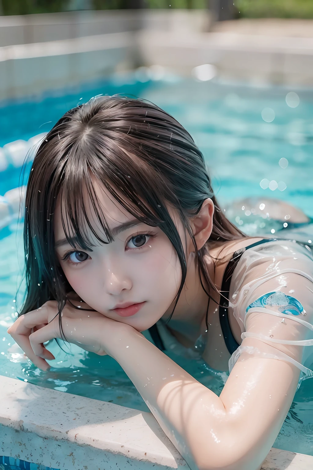 beautiful, masterpiece, top quality, hiqcgbody, anime, 1 girl, samyan, olympic swimmer, competition swimsuit, portrait shot, looking at viewer, partially submerged, outdoor pool, wet skin, intricate details, >