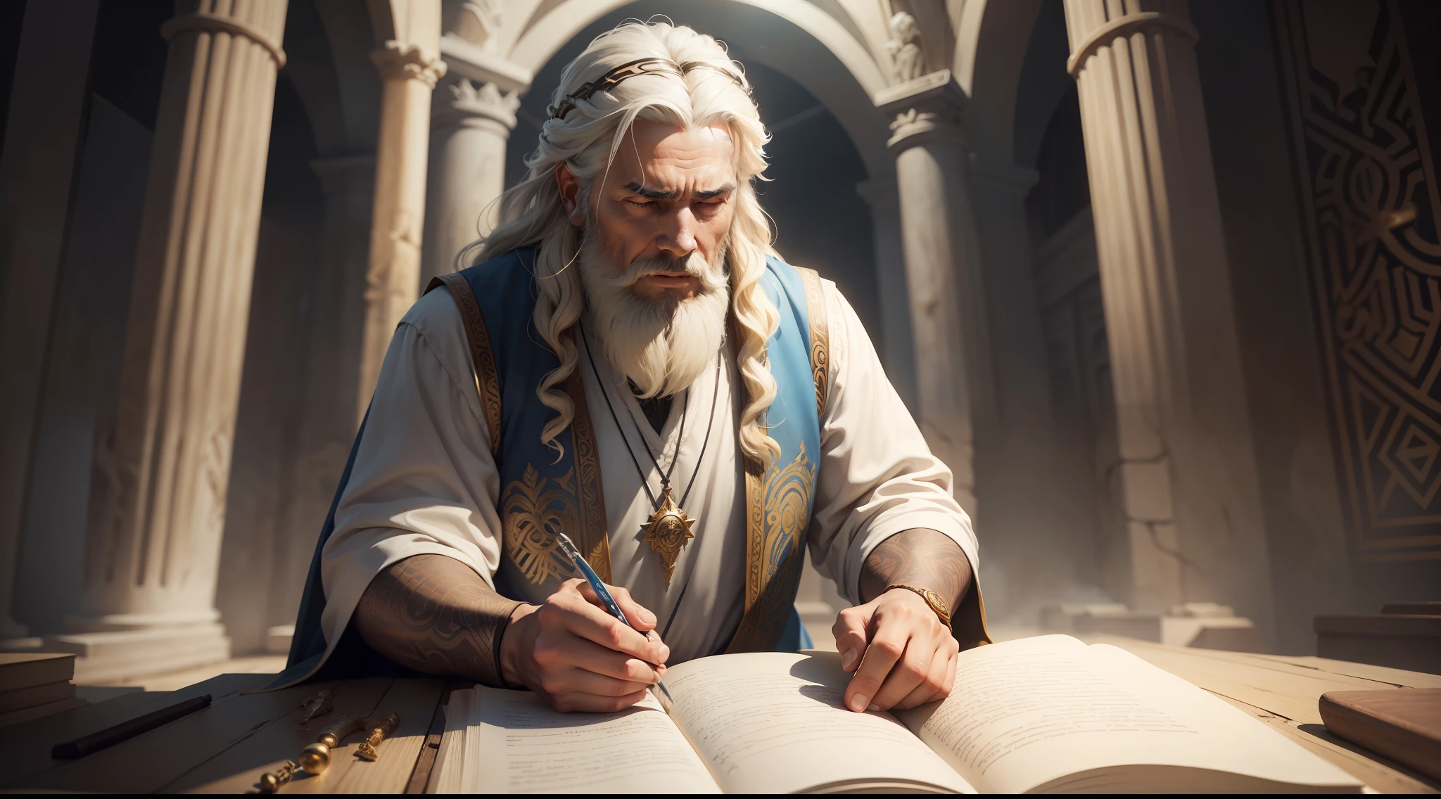 Create an illustration that depicts the biblical character Ezekiel and his story. The image should show Ezekiel as an imposing looking prophet, wearing traditional clothing from the biblical period. Ele deve estar em frente a um vale de ossos secos, representing the prophetic vision of God restoring life to the dead. Ao redor de Ezequiel, include elements that symbolize the visions and metaphors found in the book of Ezekiel, como rodas em chamas, querubins ou um carregador de tijolos, symbolizing the construction of the new temple. The image may also show Ezekiel writing his visions on a scroll or proclaiming God's word to a group of people, representing his prophetic mission to warn and awaken the people of Israel to repentance. The image should portray the message of hope, restoration and renewal that Ezekiel brought through his visions and prophetic words.