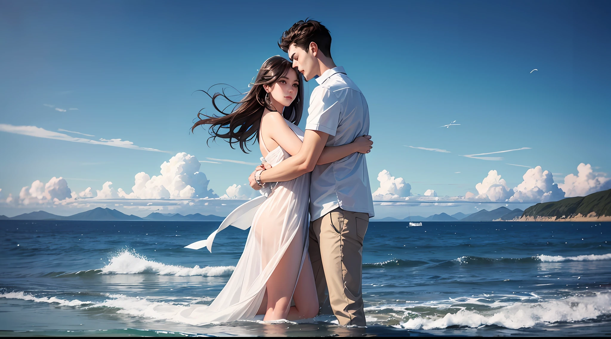 tmasterpiece, High- sharpness, Best quality at best, a young man and a woman,Hug together,eventide,The surface of the water is sparkling,Faraway view,Girls white dress,Casual clothes for boys,Beautiful and desolate --auto