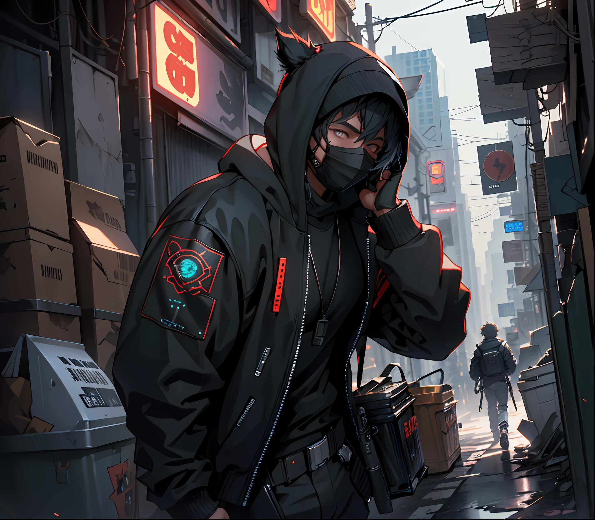 ultra detail, high resolution, ultra detailed, best quality, amazing, top quality, extremely detailed CG unity 8k wallpaper, cinematic lighting, cyberpunk, dark boy, trash gang facemask