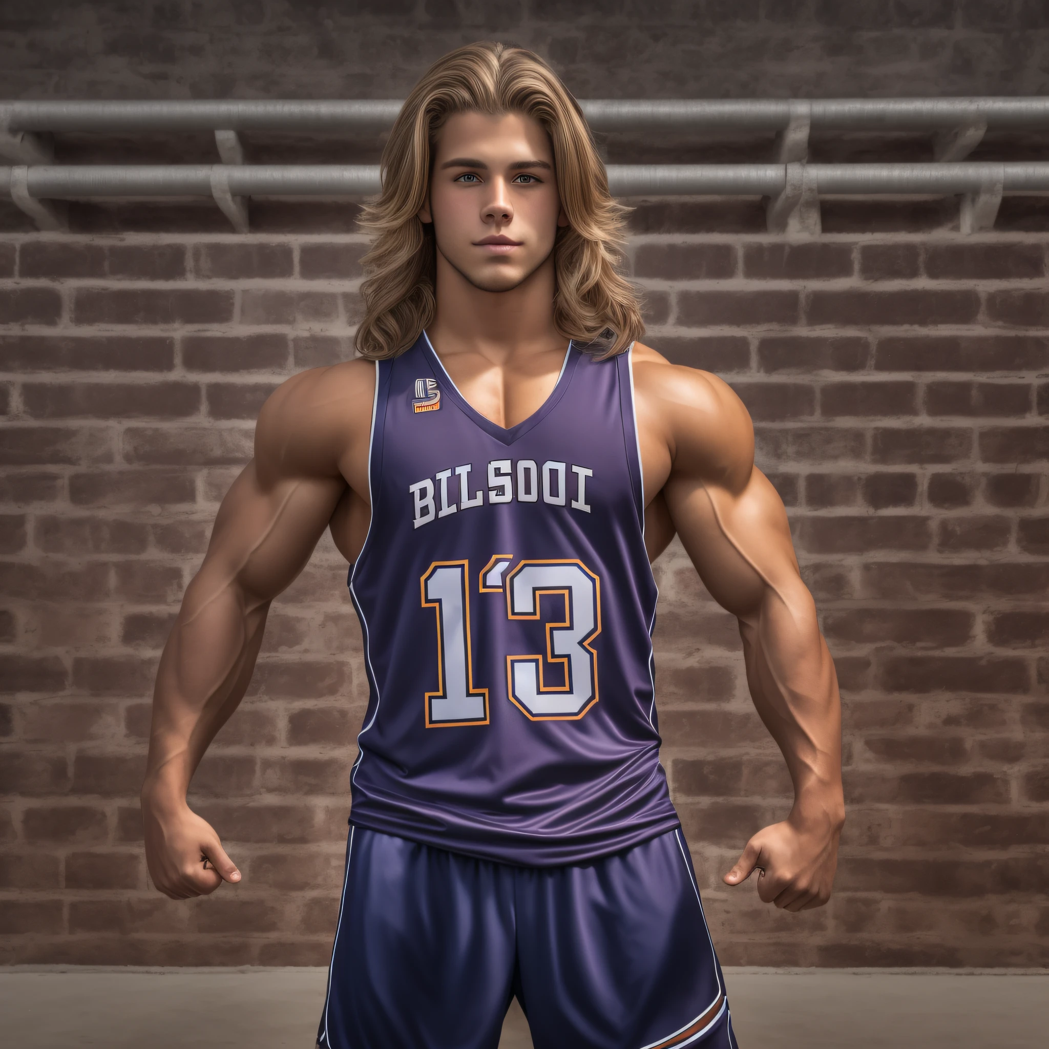 An 18-year-old boy bodybuilder, embodying the perfect fusion of Joey Lawrence and Cody Calafiore with long hair, exuding an aura of strength and confidence. Enhanced with HDR technology, this image depicts a true masterpiece, 4K resolution, varsity lacrosse jersey, outdoor lighting