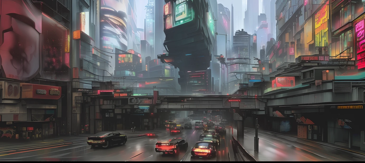 There are a lot of cars driving on the streets in the city, hyper realistic cyberpunk city, kowloon cyberpunk, kowloon cyberpunk cityscape, Hyper-realistic cyberpunk style, busy cyberpunk metropolis, Like《bladerunner》Scene in , bladerunner street, Cyberpunk Style ， Hyperrealistic, futuristic city street, futuristic street, at cyberpunk city, bladerunner city landscape, photorealistic blade runner
