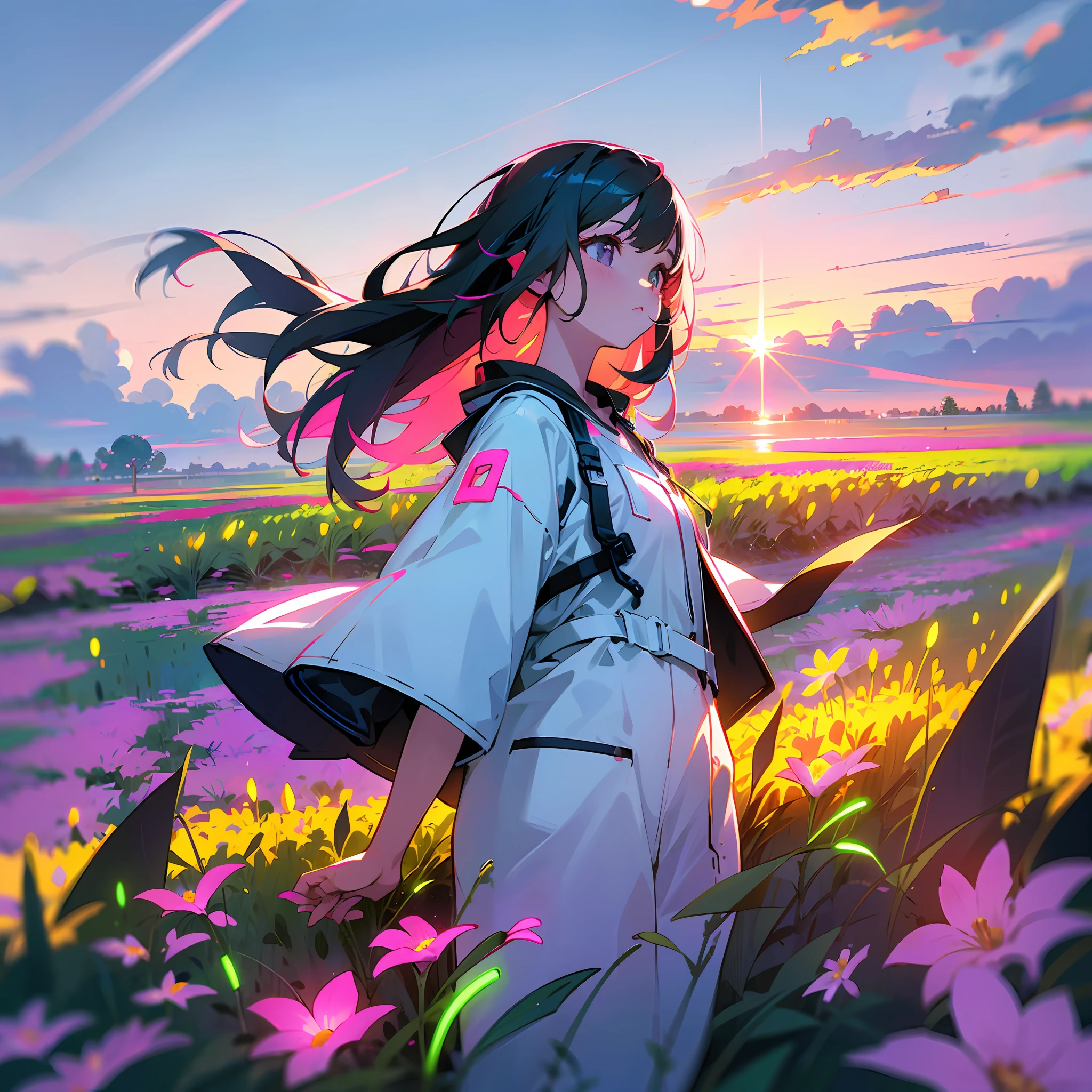 girl in field, (((field of neon flowers))), mid shot, portrait, clouds, sunrise