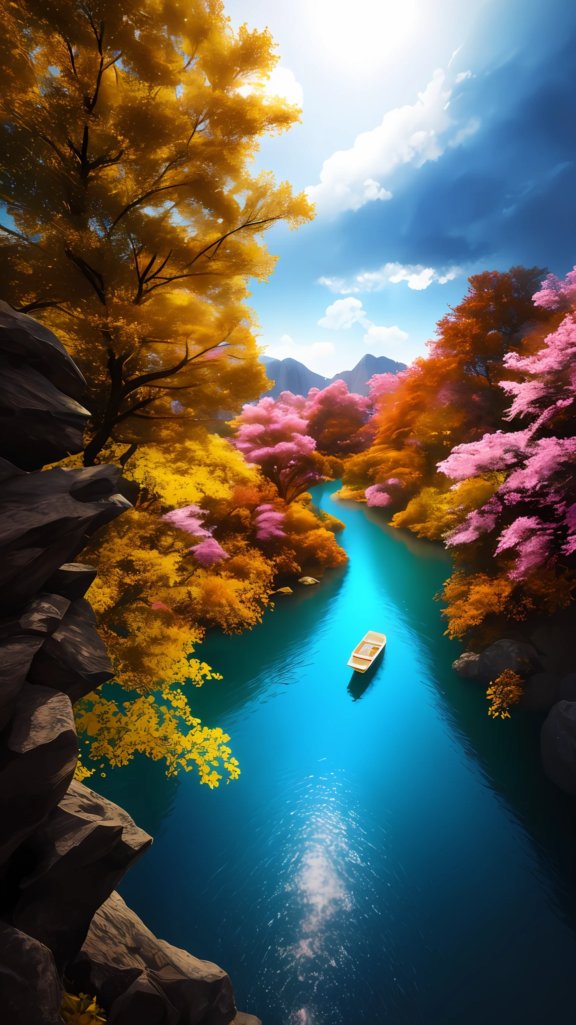 masterpiece, best quality, high quality, extremely detailed CG unity 8k 16:9 wallpaper, scenery, outdoors, sky, cloud, day, no humans, mountain, small birds , lily lake,landscape, water, cherry trees, blue sky, high waterfall, high cliff, nature, lake, river, cloudy sky,award winning photography, Bokeh, Depth of Field, HDR, bloom, Chromatic Aberration ,Photorealistic,extremely detailed, trending on artstation, trending on CGsociety, Intricate, High Detail, dramatic, art by midjourney