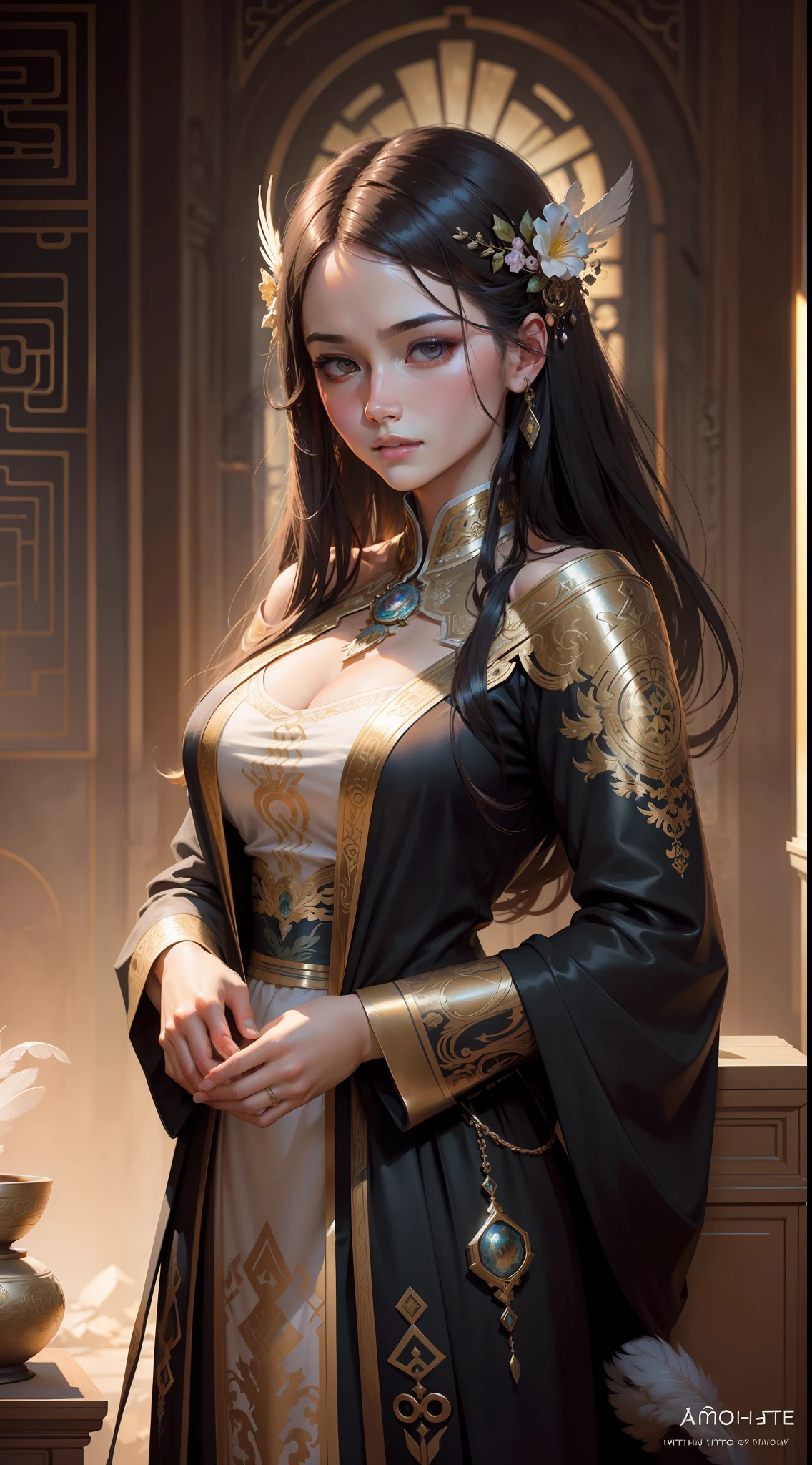 High quality, masterpiece, masterpiece, exquisite facial features, exquisite hair, exquisite eyes, exquisite color hair, 4K picture quality, gorgeous light and shadow, Tyndall effect, halo, messy hair, young state, gorgeous scene, exquisite clothes, chains, feathers, ancient chinese beauty with big eyes very detailed, digital painting, artstation, concept art, sharp focus, illustration, art by greg rutkowski and alphonse mucha and victo ngai