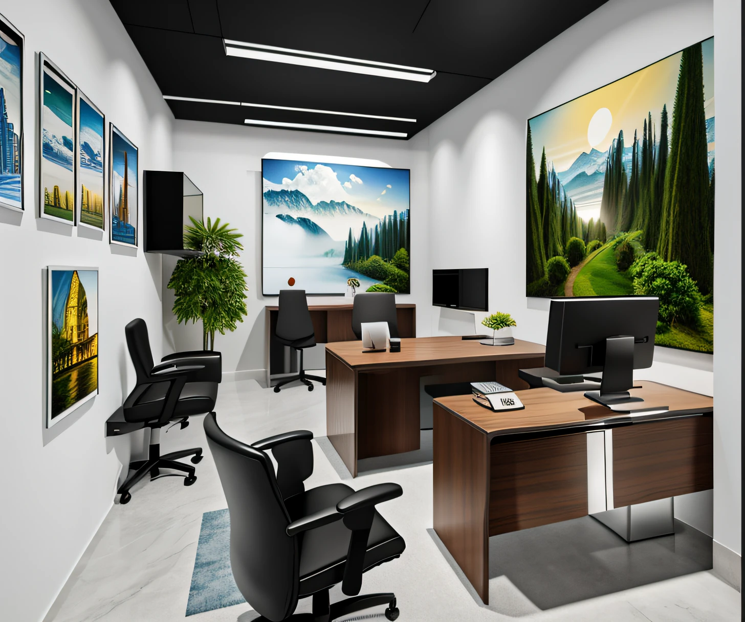 (masterpiece),(high quality), best quality, real,(realistic), super detailed, (full detail),(4k),8k,office room, no_humans, scenery, Modern style, (1 paint on the wall)