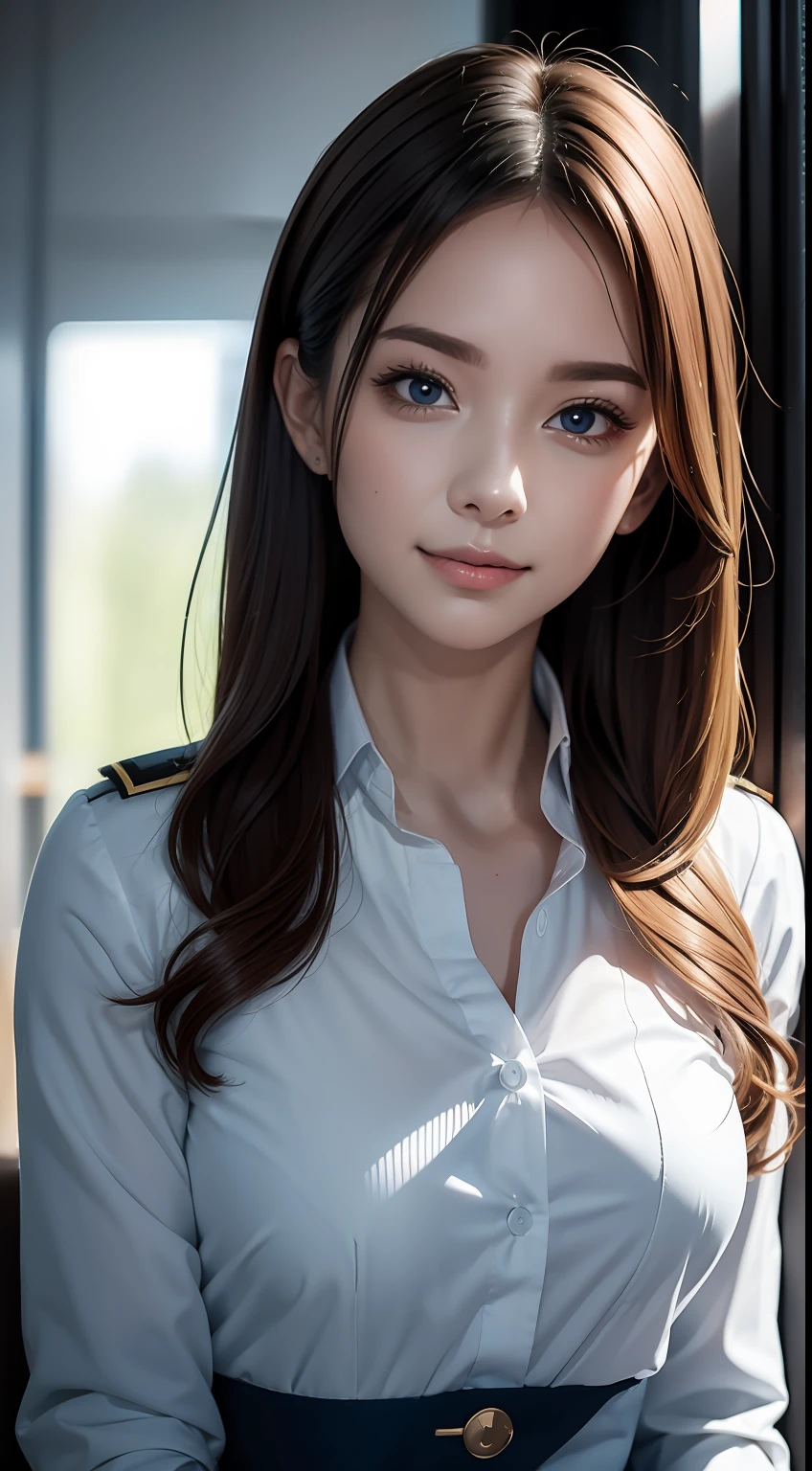 (RAW photos,HighestQuali),Full body like,The uniform of a flight attendant,(realisticlying,realisticlying:1.3),HighestQuali,tmasterpiece,Very fine and beautiful,highly detailed,CG,unified,2k wallpaper,Wonderful,beautifuldetails,tmasterpiece,dynamicposes,HighestQuali,Extremely detailed Cg Unity 8K wallpaper,,