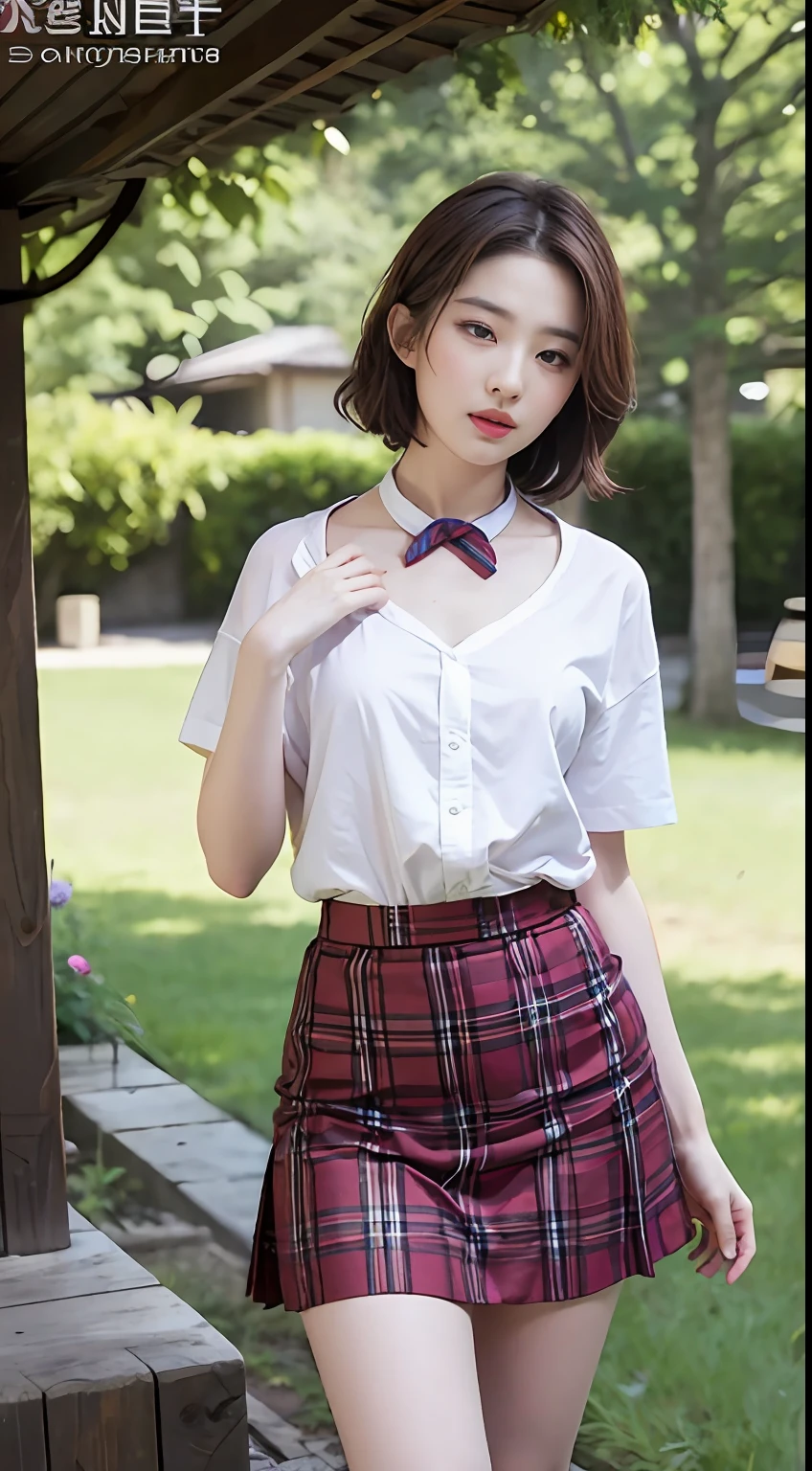 nsfw， 8K Raw photograph， best qualtiy， tmasterpiece， 超高分辨率， filmgrain， cinematic ligh， 1girl， looking at viewert， Natural skin texture， Realistic Eyes and Face Details， full pouty lips， lipsticks， （putting makeup on）， Red Eyeshadow， Short fluffy hair， messy  hair， ssmile， Keep one's mouth shut， beautifullegs， Tall women， being thin， slim_legs， 独奏， Large breasts，， Pose with your hips facing you， Superskirt， hindquarters， The shirt， Beautiful natural location， Location of flowers around， （detailedbackground）， plaid skirts， white  shirt， Large breasts，， Show a little through the shirt， vague background， bblurry， halter， tartan， short- sleeved， JK ribbon around the neck， JK ribbon， brown  hair， bangle， Eau， By bangs， 校服， jewely， parted lip， cparted lips， From the side Side， pleatedskirt， depth of fields，seaview