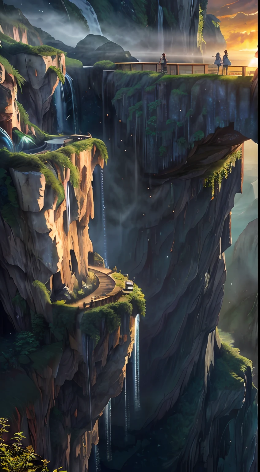Movie, Relaxation Concept Art, Very Detailed Multiplayer Scene Interactivity, (Man), Woman, Beautiful Artwork Illustration, Detailed Landscape, Highly Detailed Scene, Environmental Design Illustration, Nature, Center Epic Building, Warmth, Night Glow, Original, HDR, (Cliff, Waterfall, Abyss, Rock, Cliff Edge House:1.3), Movie, Slate Grey, Dramatic Light, Architecture, Man Woman, Post-Impressionism, Key Vision, Biophilic Tanzania Bridge, At Twilight, Hair Light, Hearthstone artwork, Unreal Engine
