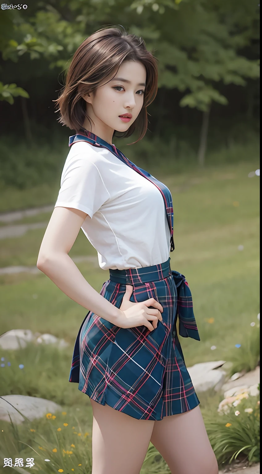 nsfw, 8K Raw photograph, best qualtiy, tmasterpiece, 超高分辨率, filmgrain, cinematic ligh, 1girl, looking at viewert, Natural skin texture, Realistic Eyes and Face Details, full pouty lips, lipsticks, (putting makeup on), Red Eyeshadow, Short fluffy hair, messy hair, ssmile, Keep one's mouth shut, beautifullegs, Tall women, being thin, slim_legs, 独奏, Large breasts,, Pose with your hips facing you, Superskirt, hindquarters, The shirt, Beautiful natural location, Location of flowers around, (detailedbackground), plaid skirts, white shirt, Large breasts,, Show a little through the shirt, vague background, bblurry, halter, tartan, short- sleeved, JK ribbon around the neck, JK ribbon, brown hair, bangle, Eau, By bangs, 校服, jewely, parted lip, cparted lips, From the side Side, pleatedskirt, depth of fields,seaview