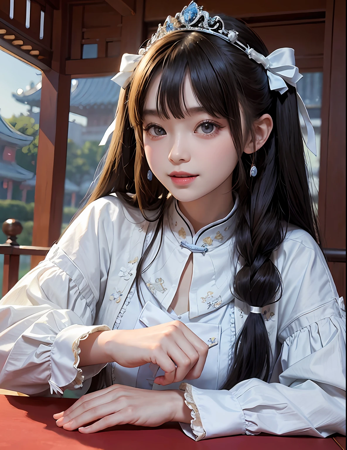 chinese palace,1little girl,lily,twintails,brunette color hair,By bangs,Long white embroidered dress,Blue bow,9--old ale model,Princess,crown,Smile,