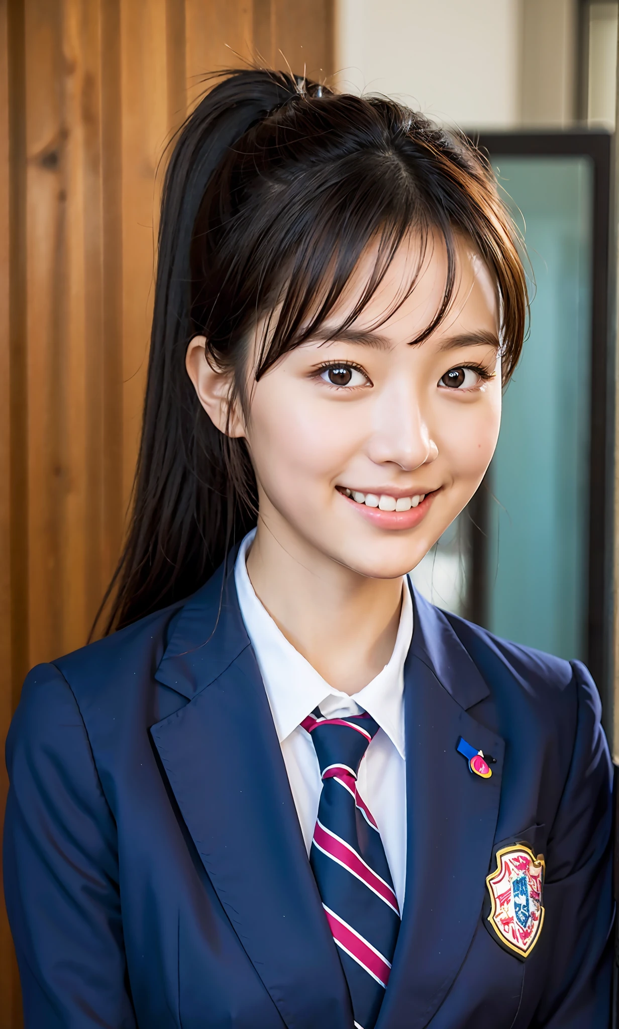 waving, slender legs, ponytail, unparalleled beauty, cute face, best smile, cute smile, frontal, slender, straight hair, school, ulzzang-6500-v1.1, (raw photo: 1.2), (photorealistic: 1.4), beautiful detailed girl, very detailed eyes and face, beautiful detailed eyes, huge file size, high resolution, very detailed, best quality, masterpiece, (( Japan Girls' High School Uniform)), very detailed, CG, 8k wallpaper, fantastic, fine detail, top quality, highly detailed CG uniform, light on face, movie lighting, girl,