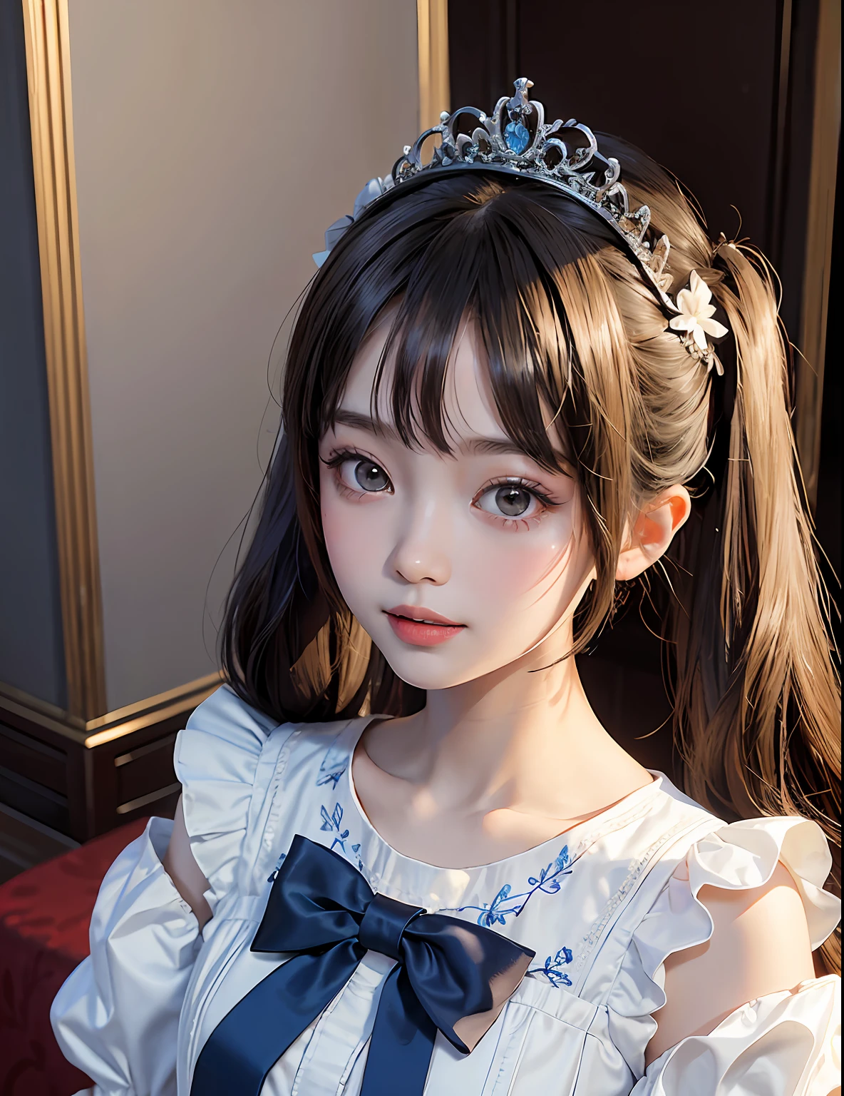 chinese palace,1little girl,lily,twintails,brunette color hair,By bangs,Long white embroidered dress,Blue bow,9-year-old female model,Princess,crown,Smile,