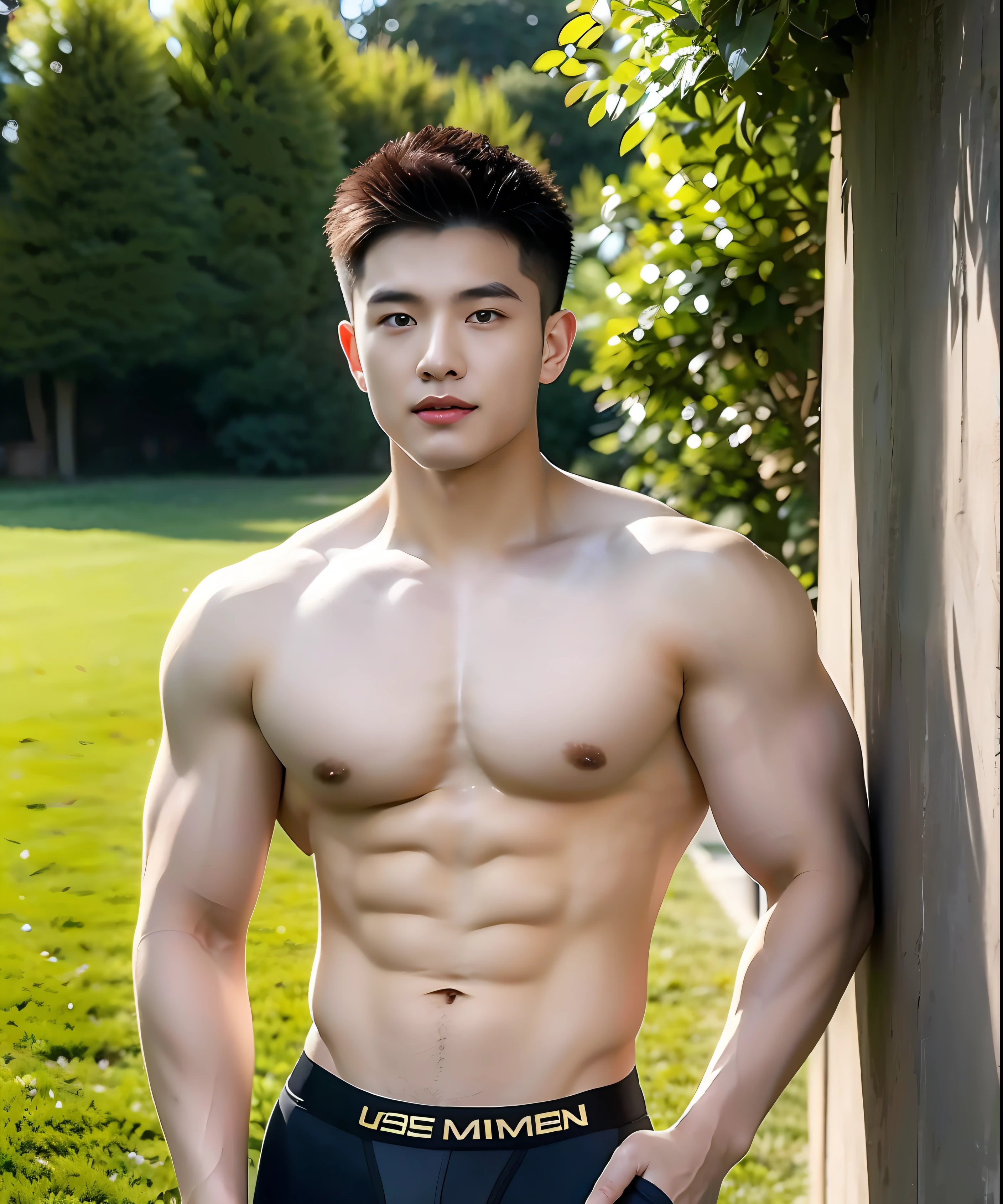 Two handsome Chinese muscle boys，-18 years olear sneakers，wearing only his underwear，Exquisite facial features，Eye repair，perfect  eyes，s the perfect face，Face restoration，Virtual Engine，HD fix，White skin of the，Wearing golden underwear，On the grass outside，（（（Full body like））），brightened light，studiolight，8K，A high resolution，HD HD，hyper realisitc，∨5