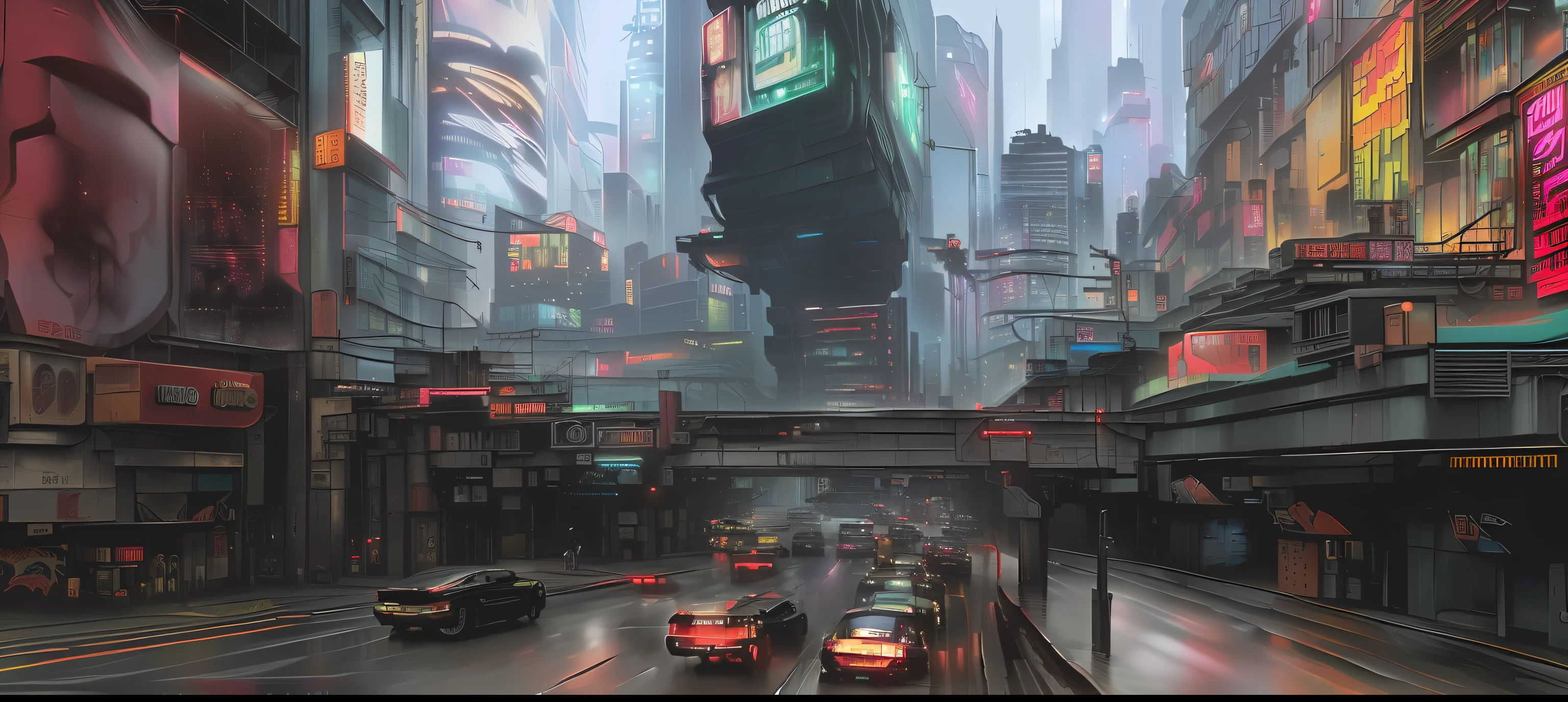 There are a lot of cars driving on the streets in the city, hyper realistic cyberpunk city, kowloon cyberpunk, kowloon cyberpunk cityscape, Hyper-realistic cyberpunk style, busy cyberpunk metropolis, Like《bladerunner》Scene in , bladerunner street, Cyberpunk Style ， Hyperrealistic, futuristic city street, futuristic street, at cyberpunk city, bladerunner city landscape, photorealistic blade runner