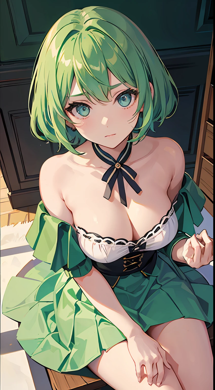Green hair，short detailed hair，bit girl，10years old，Overlooking，年轻，blue color eyes，bshoulders，鎖骨，Close-up，cleavage，(Off-the-shoulder outfit1.2)，libraryai，(white  skirt)