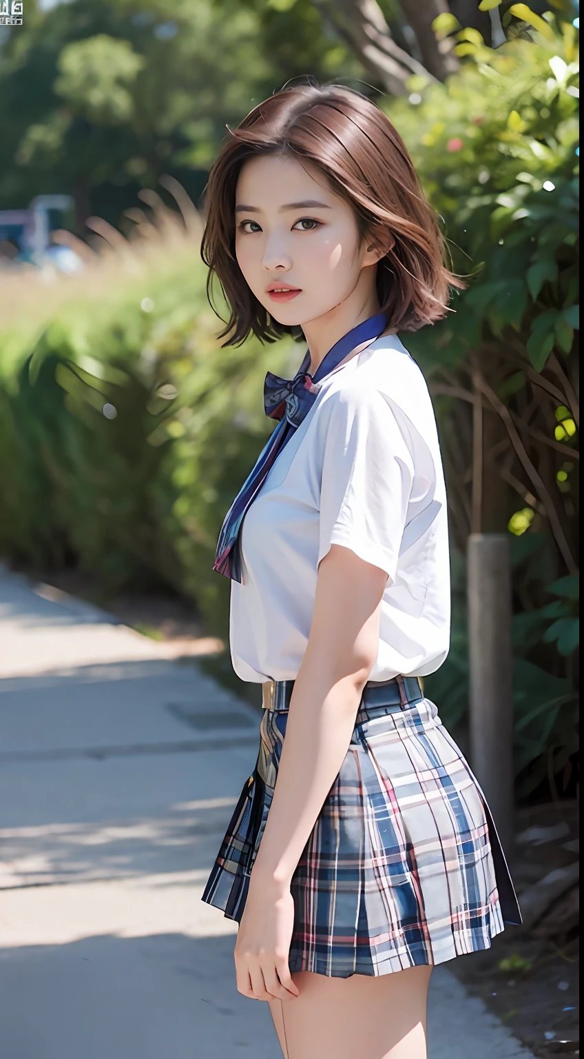 nsfw， 8K Raw photograph， best qualtiy， tmasterpiece， 超高分辨率， filmgrain， cinematic ligh， 1girl， looking at viewert， Natural skin texture， Realistic Eyes and Face Details， full pouty lips， lipsticks， （putting makeup on）， Red Eyeshadow， Short fluffy hair， messy  hair， ssmile， Keep one's mouth shut， beautifullegs， Tall women， being thin， slim_legs， 独奏， Brustwarzen， Pose with your hips facing you， Superskirt， hindquarters， The shirt， Beautiful natural location， Location of flowers around， （detailedbackground）， plaid skirts， white  shirt， ， Show a little through the shirt， Loafer shoes， vague background， bblurry， halter， tartan， short- sleeved， JK ribbon around the neck， JK ribbon， brown  hair， bangle， Eau， By bangs， 校服， jewely， parted lip， cparted lips， From the side Side， pleatedskirt， depth of fields，beachside