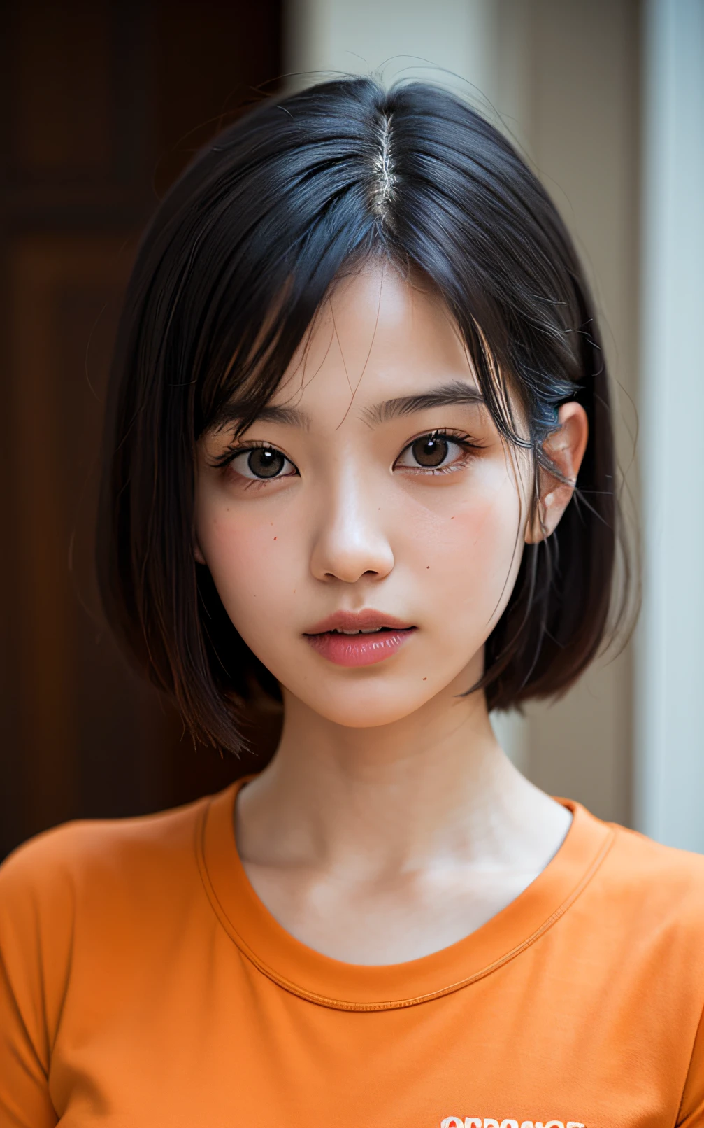 1人, a 18 y.o female, singaporean, (((wearing fit orange gorange shirt))), Soft lighting,Comb-over hairstyle, Masterpiece, Best quality, 8K UHD, Digital SLR, filmgrain, Fujifilm XT3 The art of realistic painting,Composed by Midjourney and Greg Rutkowski,Half body,black Pixie Cut hair style,(((Face front ))),fit body