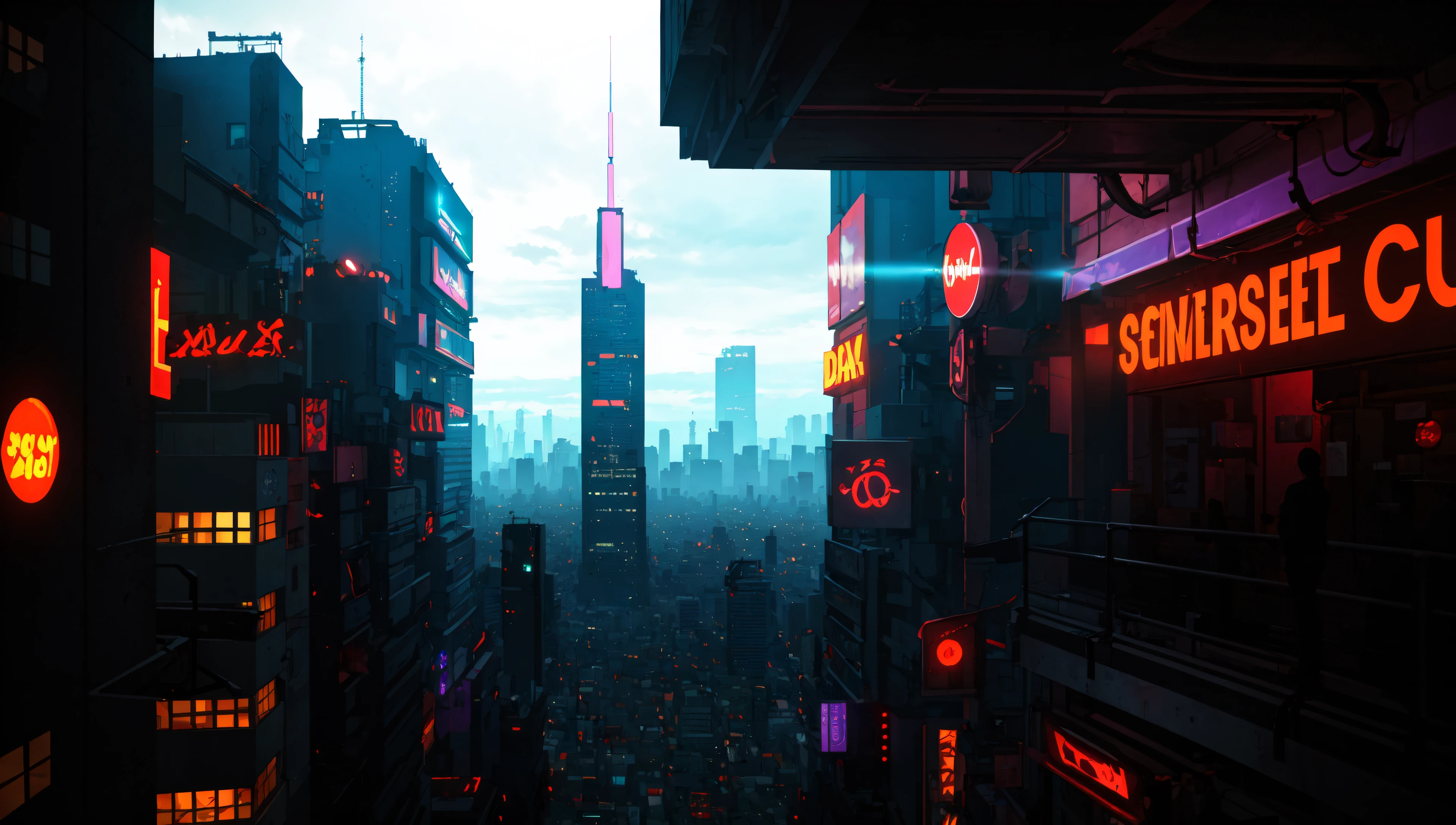 (masterpiece, best quality:1.4), cinematic light, colorful, high contrast, cyberpunk, neon, city, cityscape, (day:1.2), sky, sunlight,