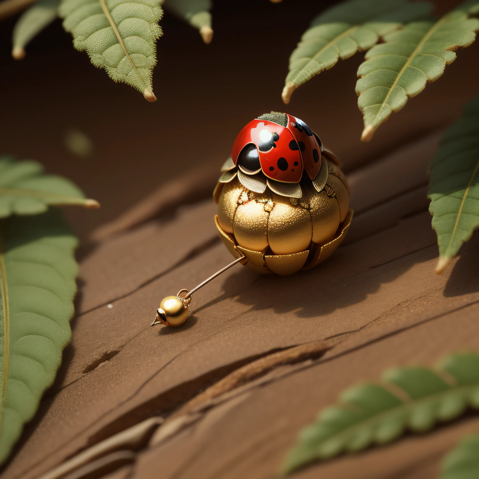 ladybird em cima de uma folha de ouro, com qualidade realista