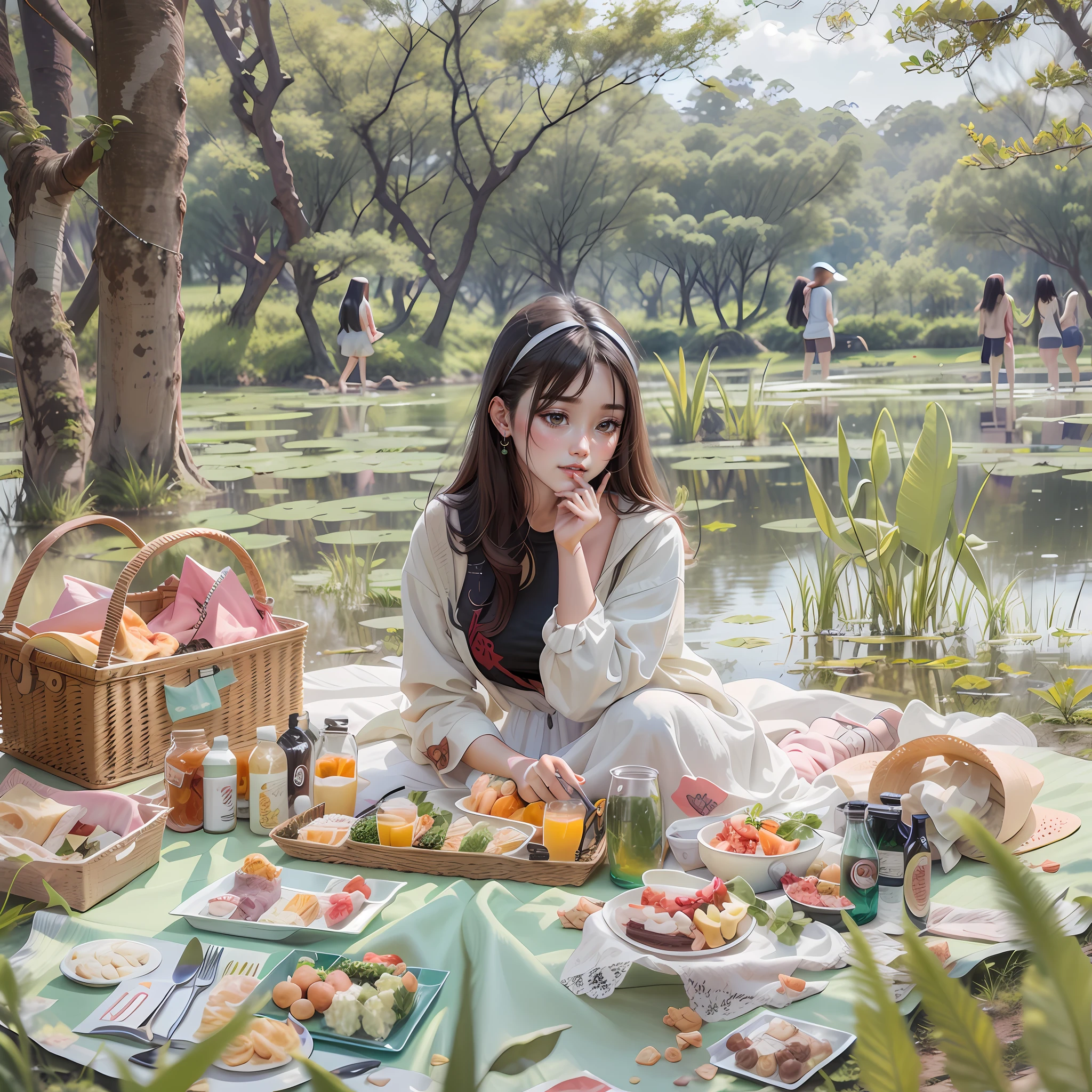Girls picnic inside wetland park