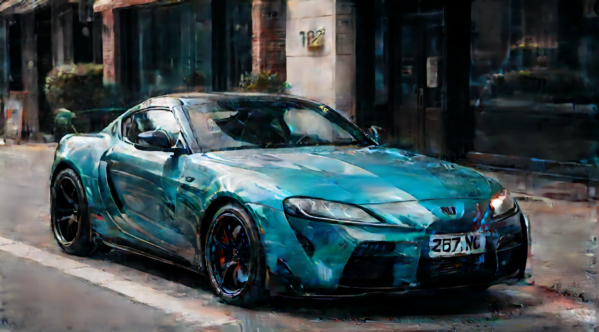 um close up de um carro esportivo azul estacionado em uma rua da cidade, Toyota Supra, Cor ( sony um 7 r iv, Tiro em Sony A 7 III, vehicle photography, teal pearly dynamic light, Tiro na Canon EOS R5, Tiro na Canon EOS R 5, Tiro em Leica SL2, estilo miura kentaro, no watermarks, Car photography