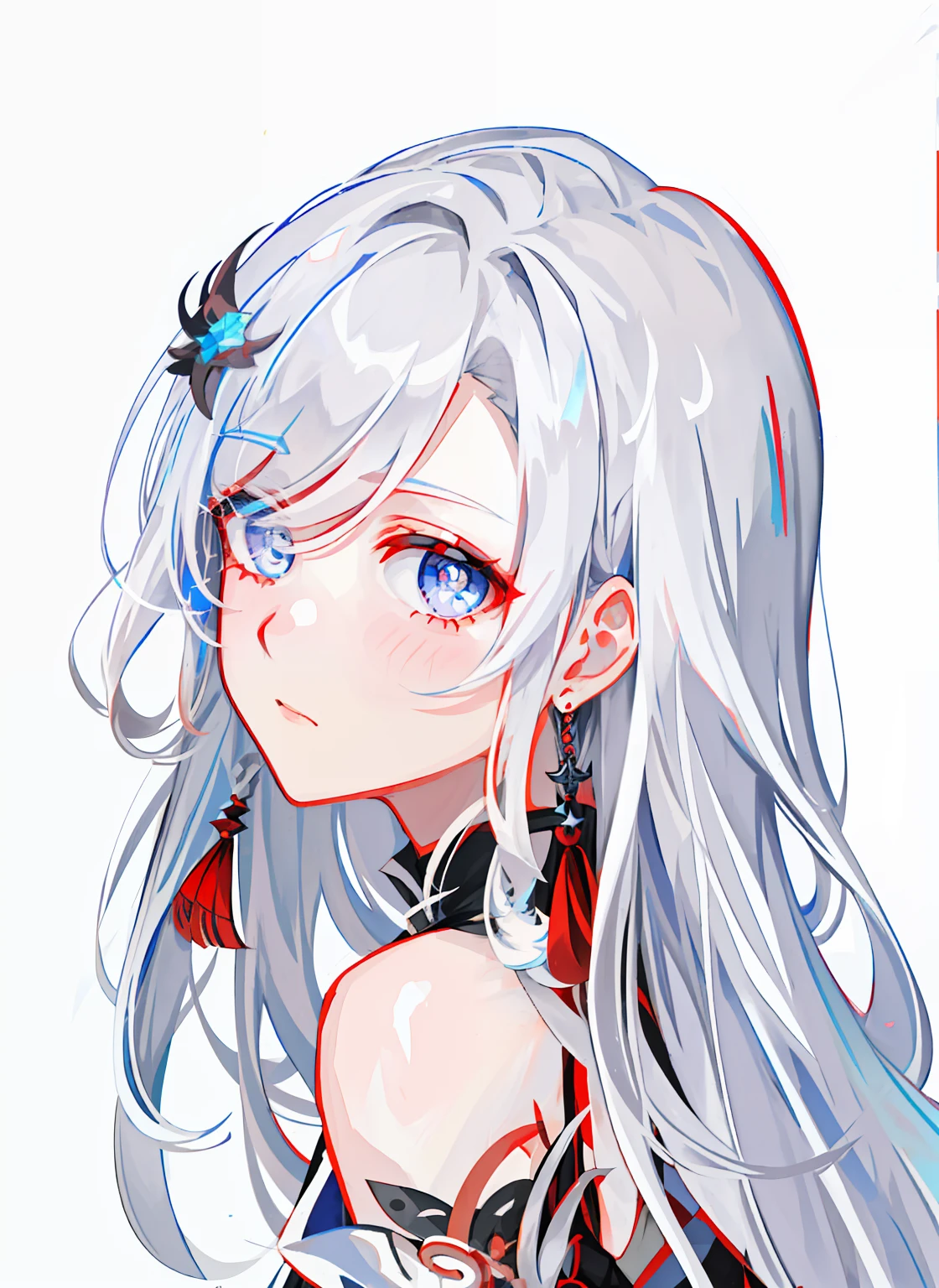 gray-haired girl,Silver-haired girl,hair on one eye,Blue-eyed girl,Red and black dress,Goddess of white hair,Silver-haired,Flowing white hair,Genshin Impact,Portrait of a knight,white haired Cangcang,Zodiac girls,Perfect white haired girl。