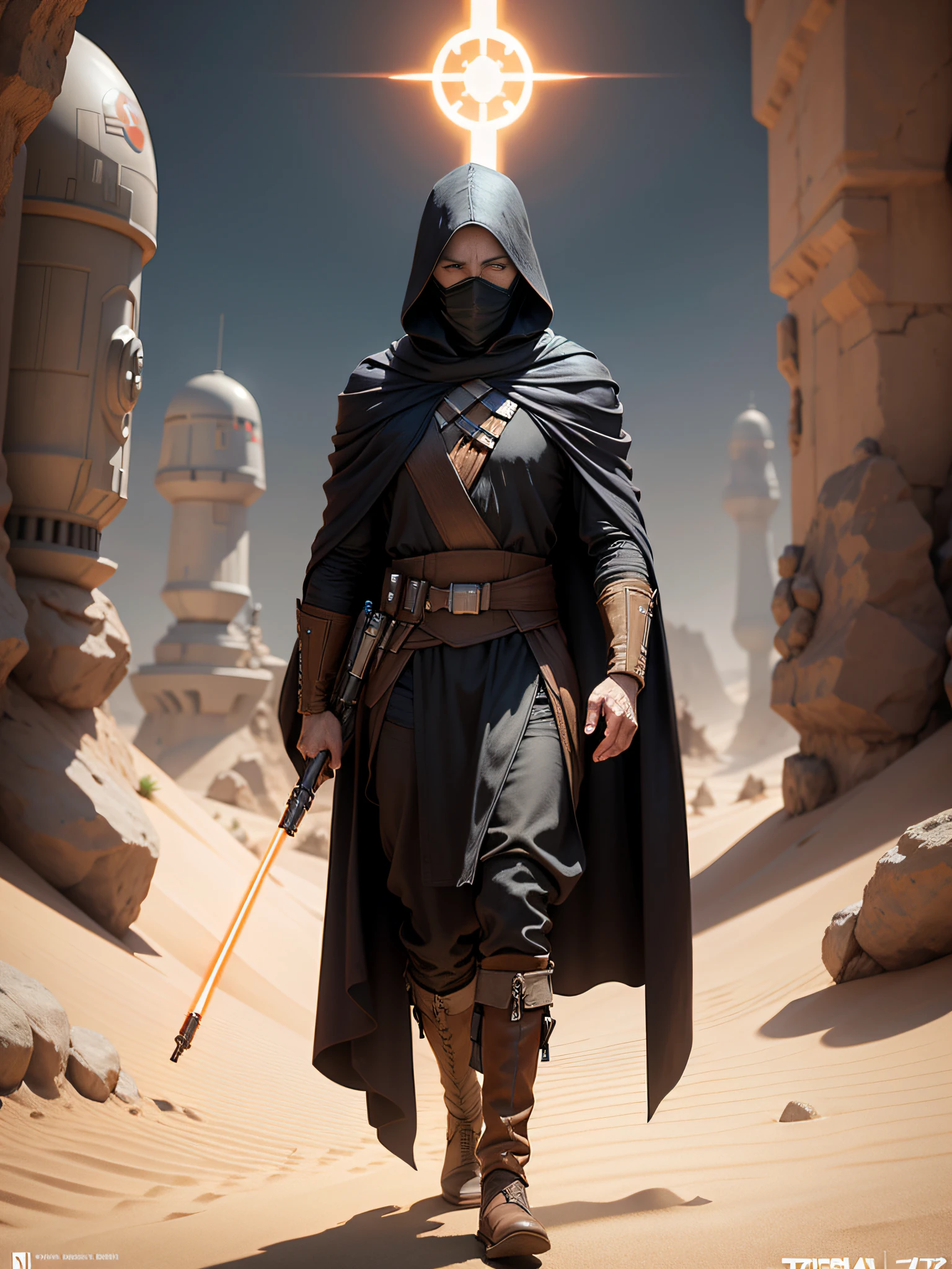 Star Wars poster，125 years old man，A man in a hoodie walks in the desert, fantasy style 8 k octane render, HQ 4K wallpaper, (rendering by octane) Fantasy style, hooded cloaked sith lord, cinematic 4k octane render, 4 k movie octane rendering, octane render cinematic, dune style, octane render”, octane render”, ww 1 sith sorcerer