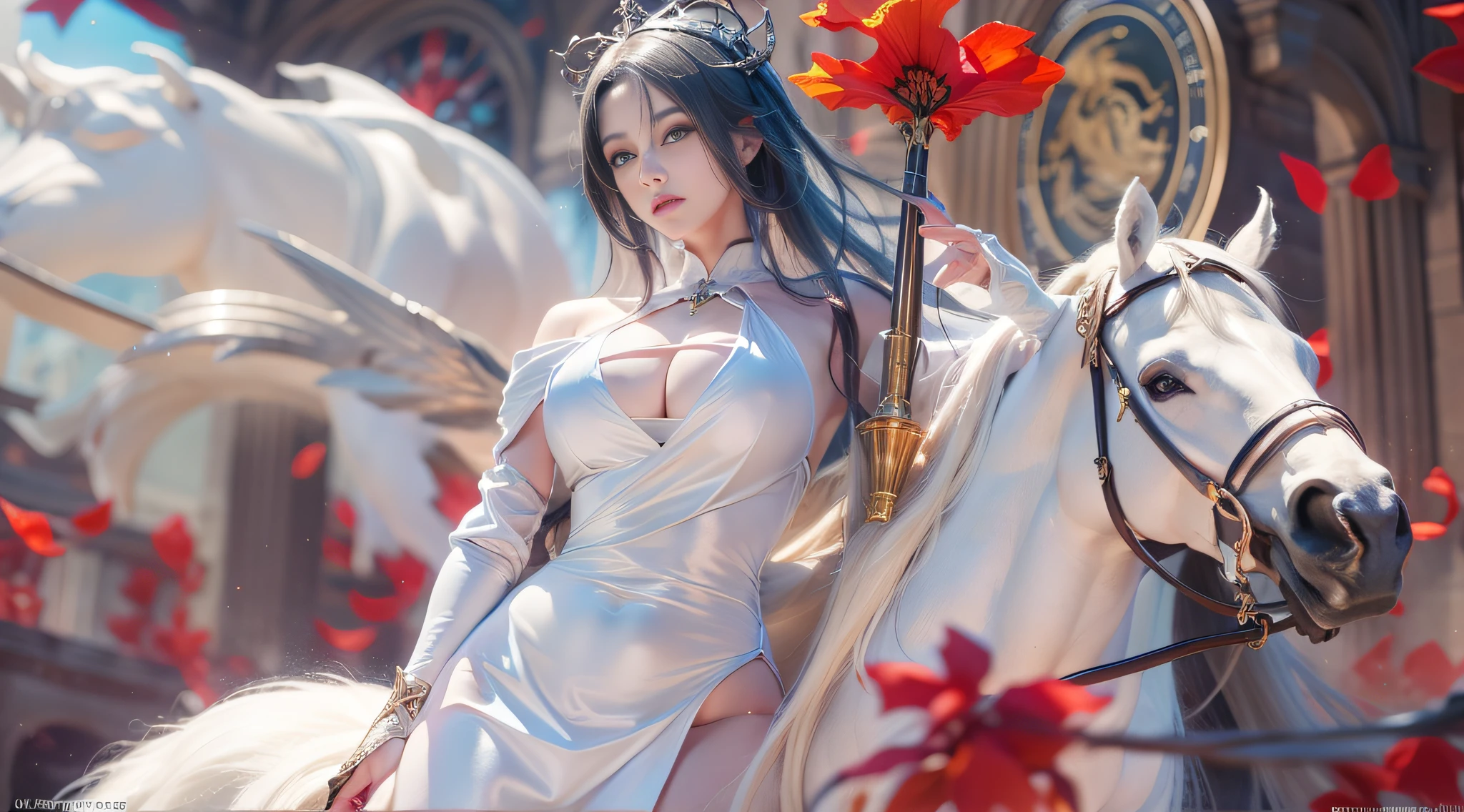 Art background art germ. High detail,in a panoramic view,1girll,Busty woman,Busty woman,Beautiful young woman with white concept dress with white high slit dress,cloaks,hooding,on a white horse,(Templar style),Red Cross tattoo,White princess hair,Sculptural body,Perfect blue and beautiful eyes,Glowing painting,Super sharp,realisticlying,32K,IG model | Art germ, Extremely detailed Artgerm, Art germ. anime illustration, Art germ. High detail, Art germ on ArtStation Pixiv, Fanart Meilleure ArtStation, Detailed digital anime art, Smooth anime CG art, Deviantart ArtStation CGSCOSIETY, 8K high quality detailed art,(((Remove the watermark)))