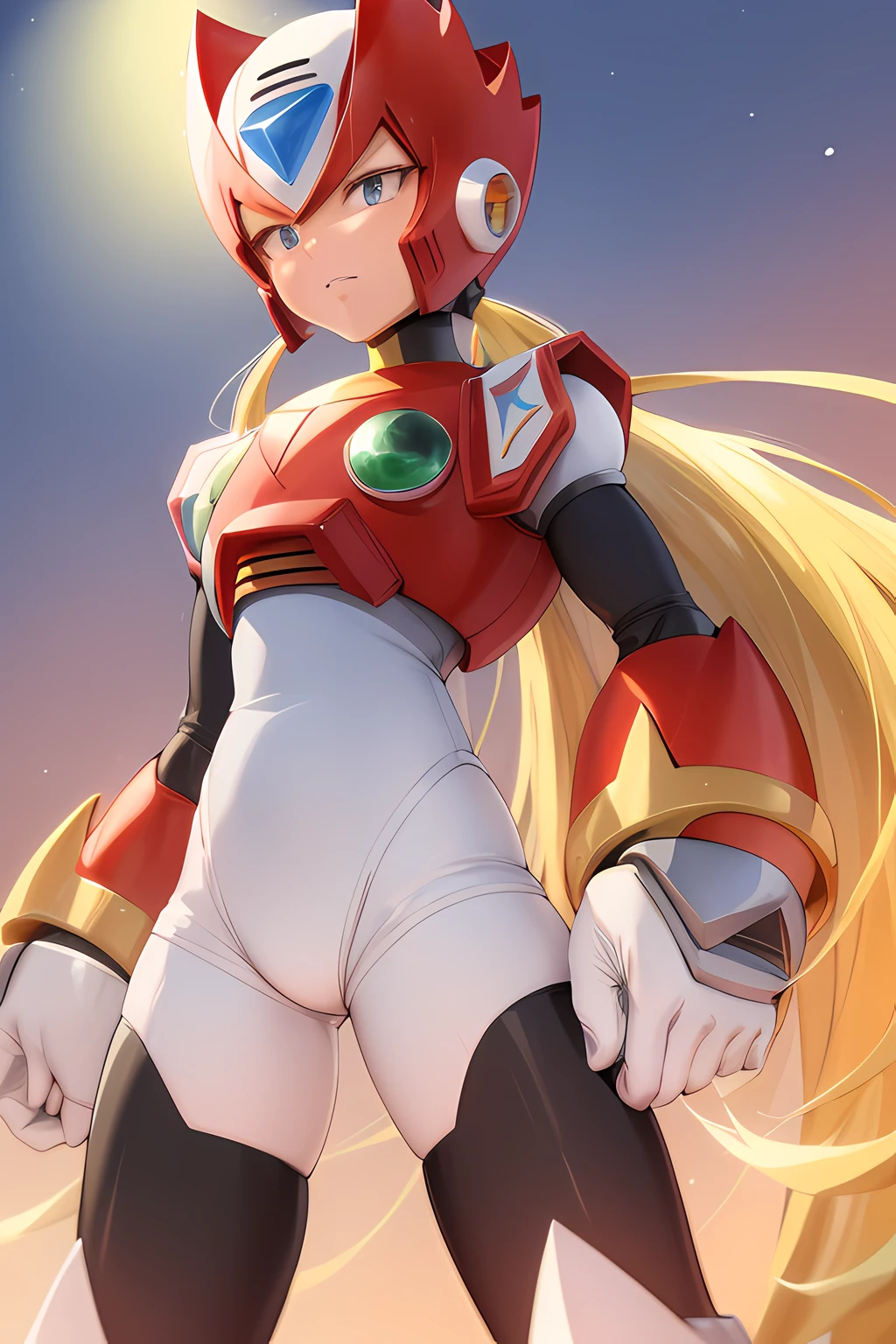 zero_Megamanx, , sozinho, gorota bonita, olhos azuis, blonde hair, rabo-de-cavalo, peitos bem grandes, cabelos muito longos, cabelos longos, capacete, android, Foco feminino, furioso, master part, alta qualidade,
