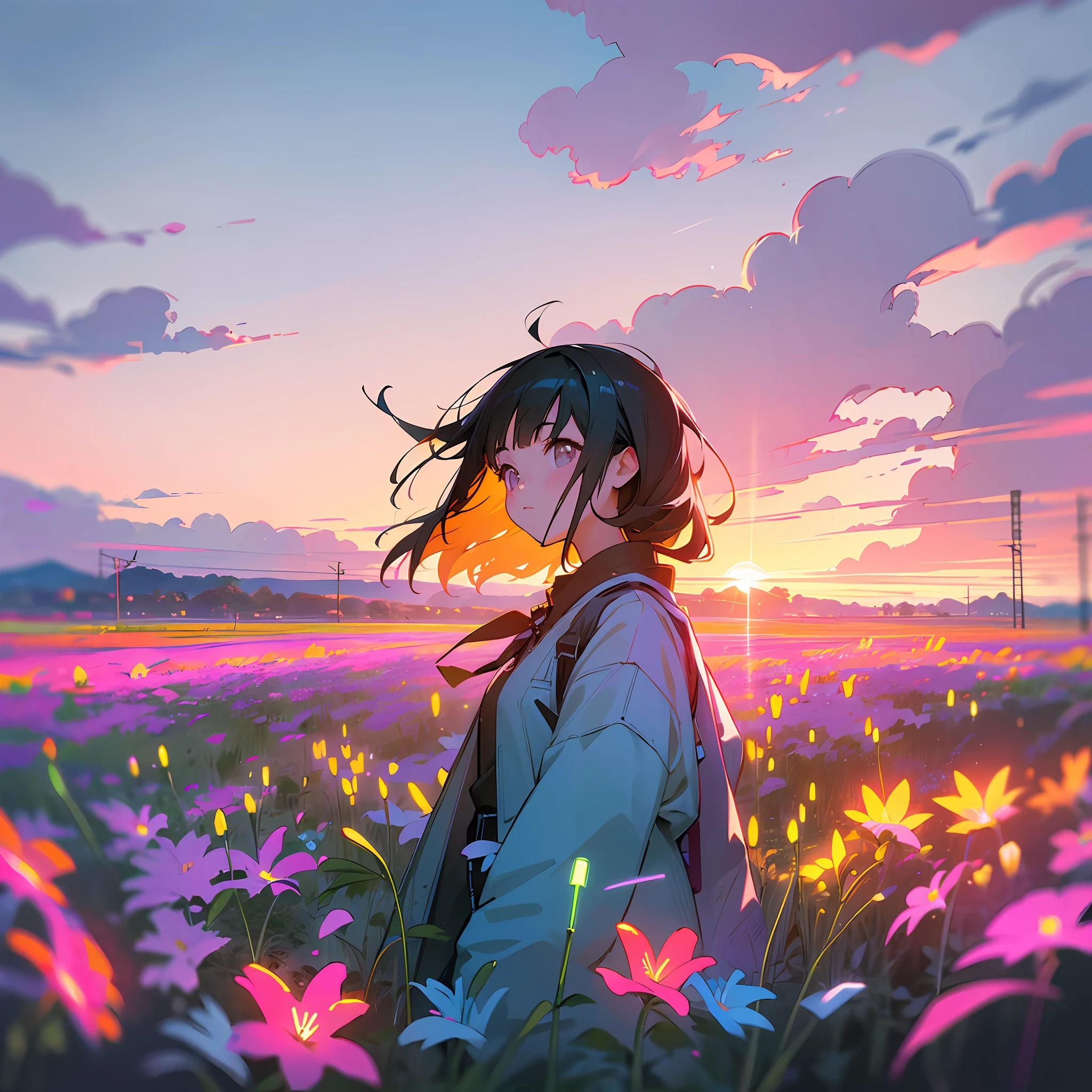 girl in field, (((field of neon flowers))), mid shot, portrait, clouds, sunrise