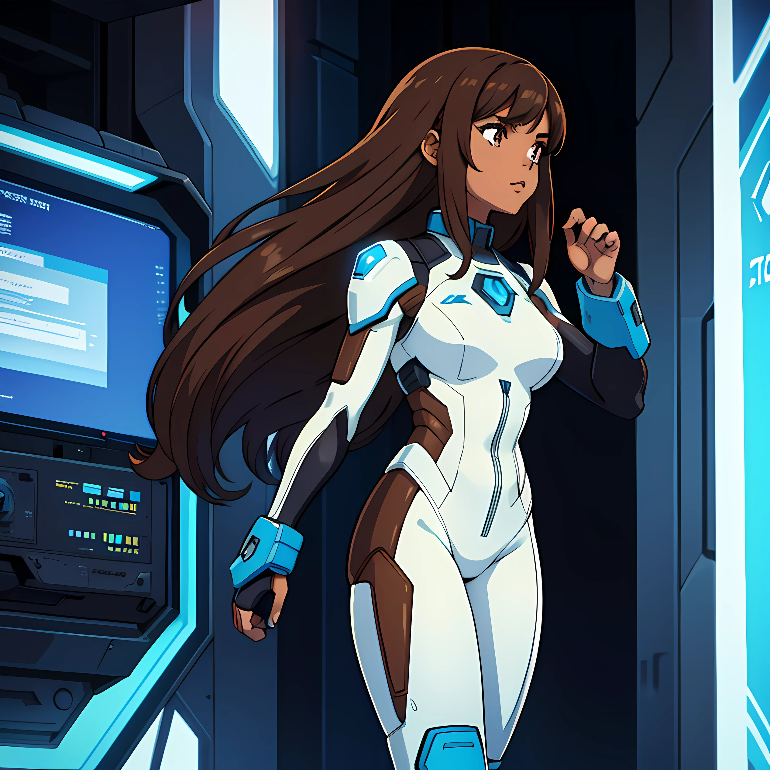 a beautiful woman with long, brown hair and brown skin in a sci fi, cyberpunk white and blue armored suit that covers her whole body